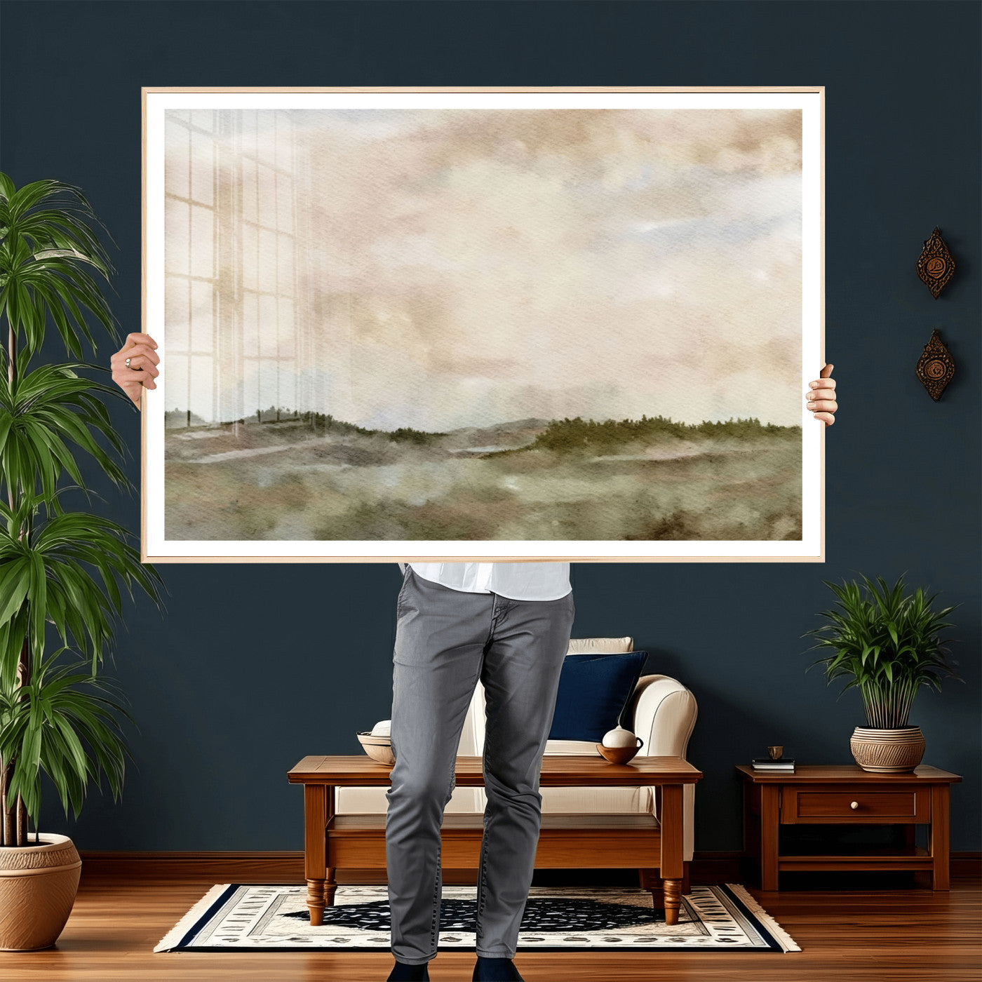 13578069-MGV-CV-36X24 - Abstract Landscape Wall Art Canvas Print, Watercolor Pastoral Landscape Painting Wall Decor for Modern Farmhouse Interiors