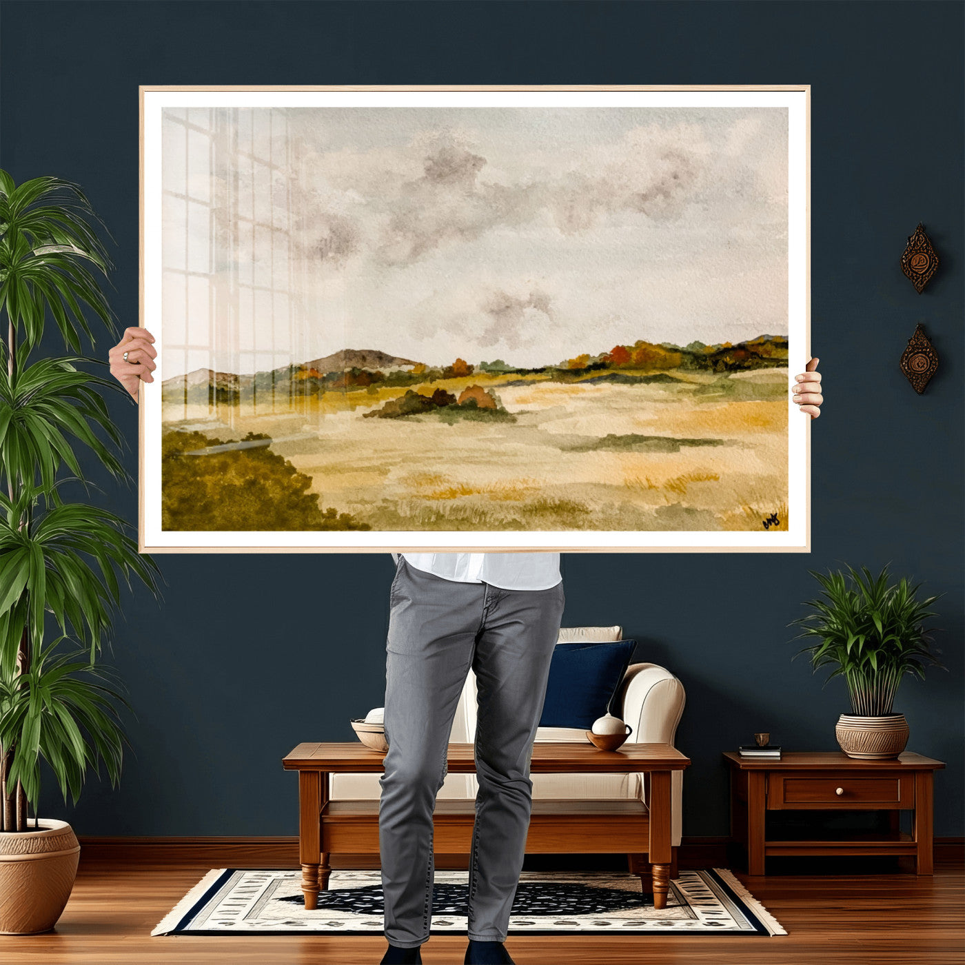 94151004-MGV-CV-36X24 - Watercolor Abstract Countryside Wall Art Canvas Print, Neutral Pastoral Landscape Painting Wall Decor for Modern Farmhouse Interiors