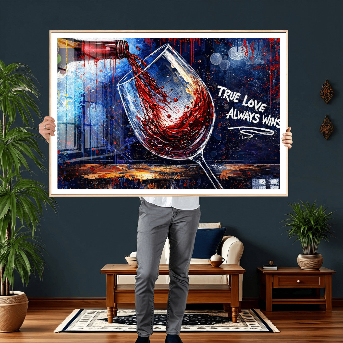 88788932-MGV-CV-36X24 - Red Wine Splash Abstract Wall Art Canvas Print, Modern Wine Glass Painting Canvas Print, Romantic Quote Contemporary Bar Art Print
