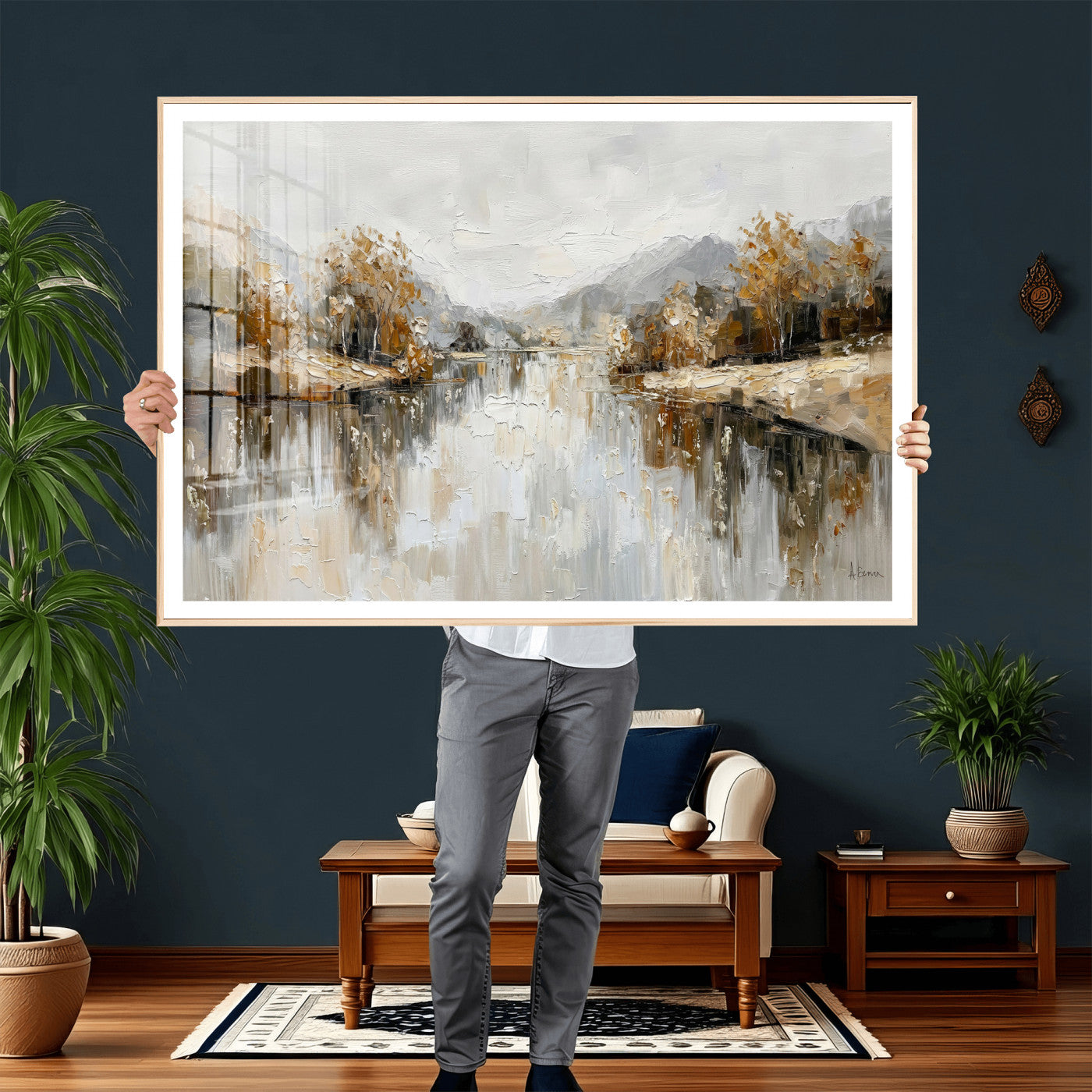 78227690-MGV-CV-36X24 - Neutral Abstract Lake Landscape Wall Art Canvas Print, Modern Minimal River Reflection Canvas Print, Beige Gray Contemporary Nature Art Printing