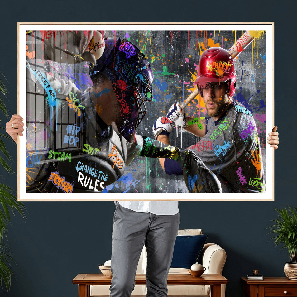 19634994-MGV-CV-36X24 - Graffiti Baseball Player Street Art Wall Art Canvas Print, Urban Sports Pop Art Baseball Canvas Print, Modern Athletic Graffiti Contemporary Art Printing