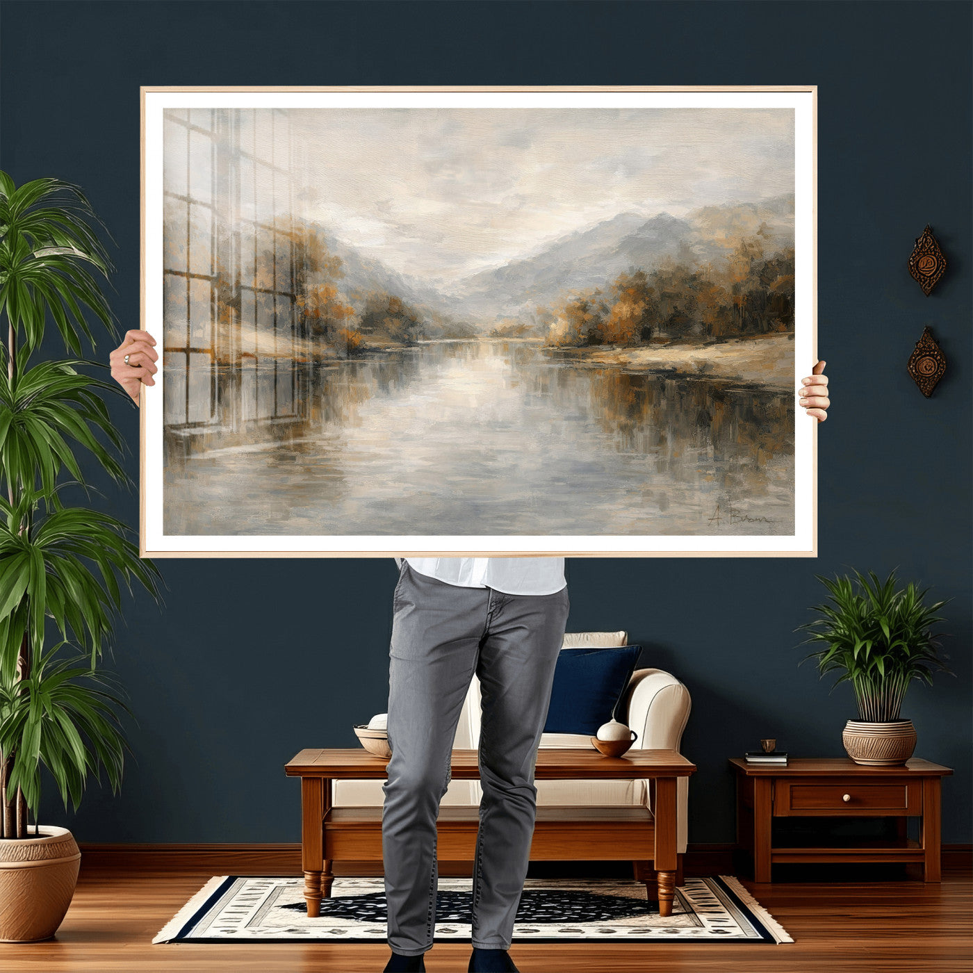 29251761-MGV-CV-36X24 - Neutral Abstract River Landscape Wall Art Canvas Print, Modern Minimal Nature Reflection Canvas Print, Beige Gray Contemporary Mountain Art Printing