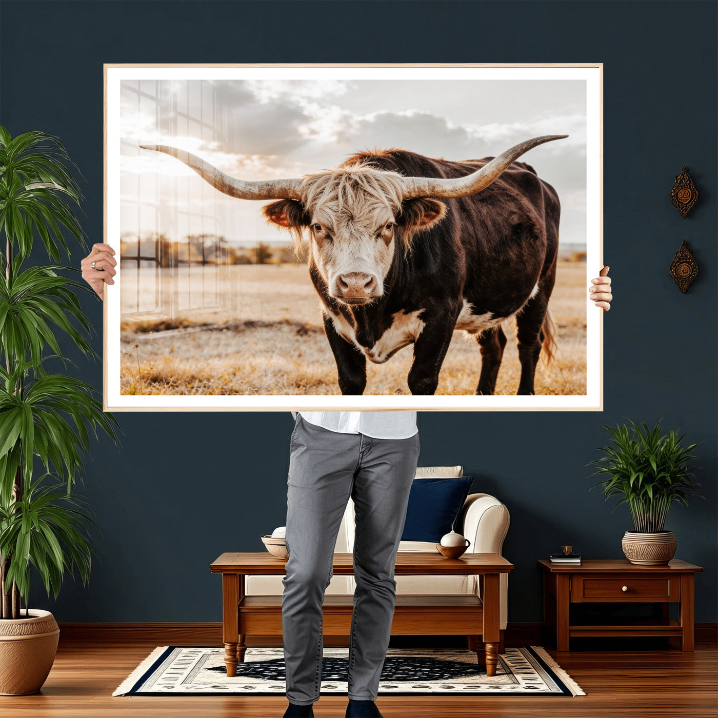 88230279-MGV-CV-36X24 - Texas Longhorn Bull Rustic Wall Art Canvas Print, Western Cattle Photography Canvas Print, Ranch Farm Animal Western Art Printing