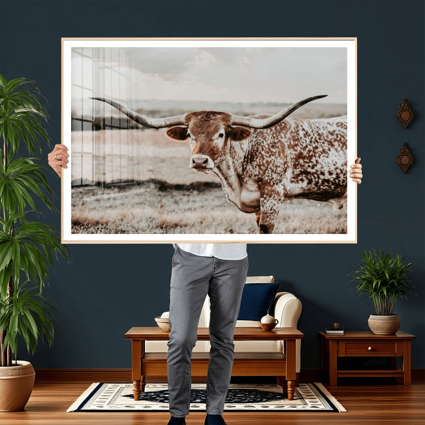 73897046-MGV-CV-36X24 - Texas Longhorn Bull Rustic Wall Art Canvas Print, Western Cattle Photography Canvas Print, Ranch Farm Animal Western Art Printing