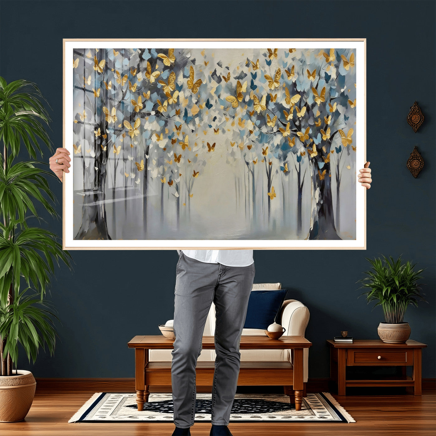 79208191-MGV-CV-36X24 - Golden Butterfly Tree Abstract Wall Art Canvas Print, Modern Elegant Nature Painting Canvas Print, Blue Gold Contemporary Floral Art Printing