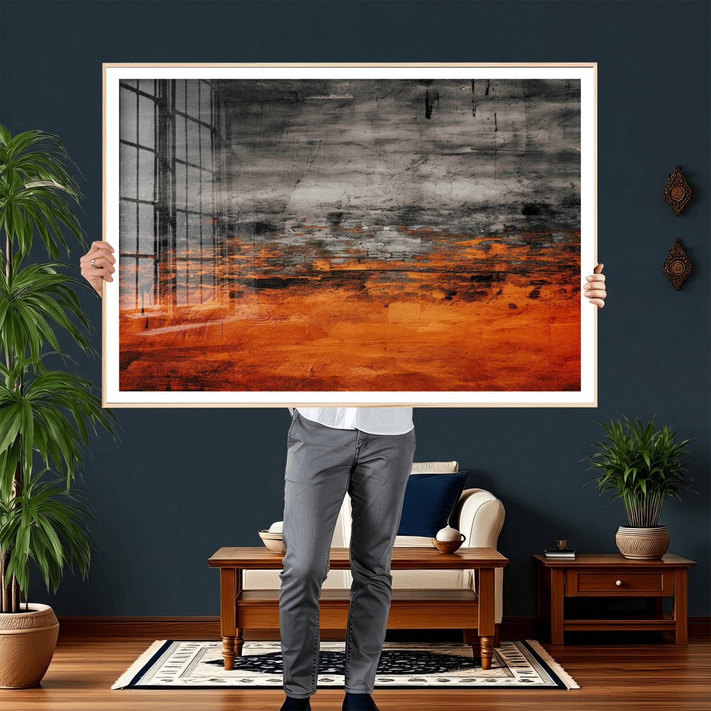 75409282-MGV-CV-36X24 - Black Orange Abstract Wall Art Canvas Print Modern Textured Painting Decor