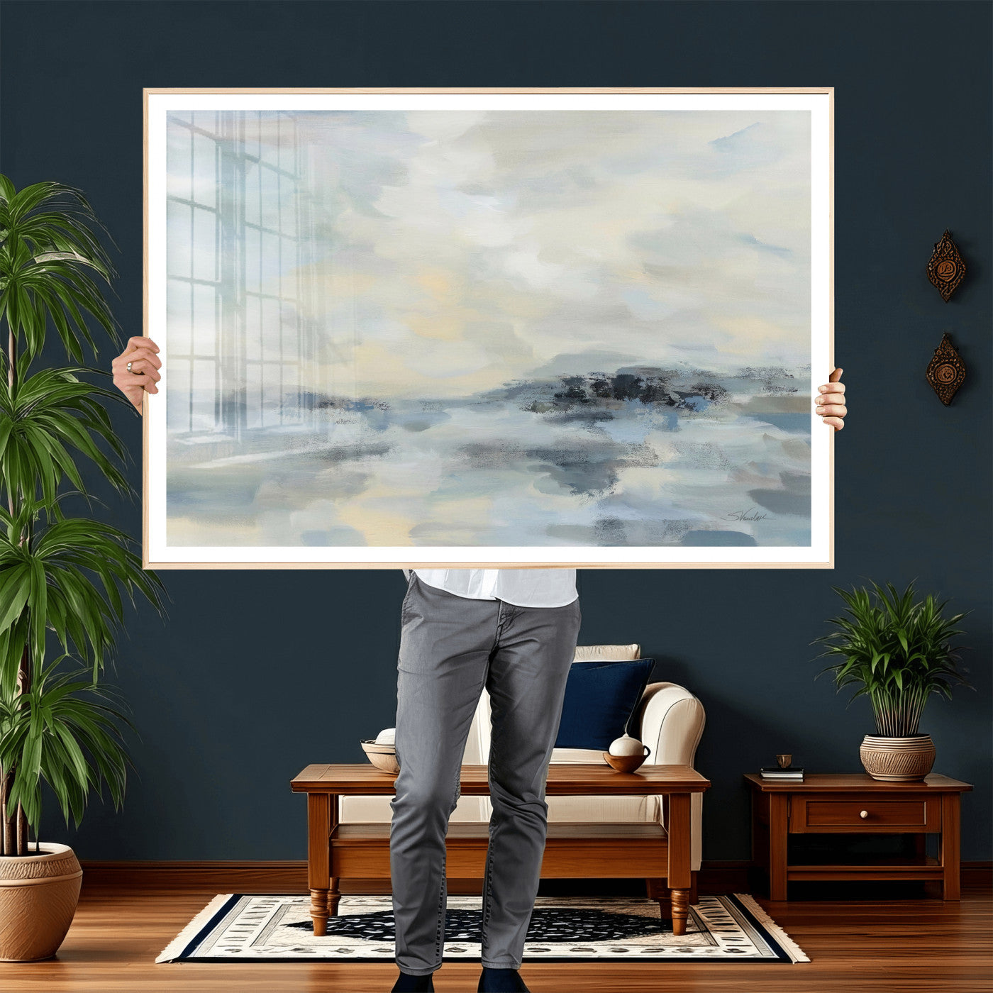 24647355-MGV-CV-36X24 - Abstract Coastal Landscape Wall Art Canvas Print – Soft Blue Gray Minimalist Painting