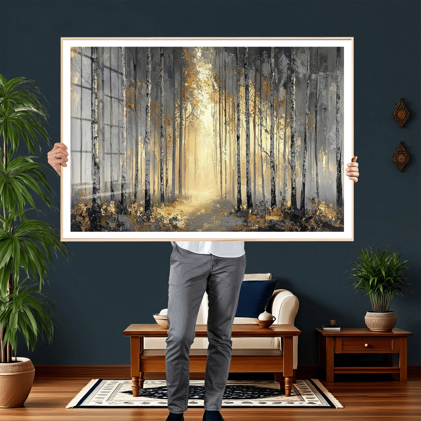 41017042-MGV-CV-36X24 - Abstract Birch Forest Wall Art Canvas Print – Modern Neutral Woodland Landscape Artwork for Living Room Decor