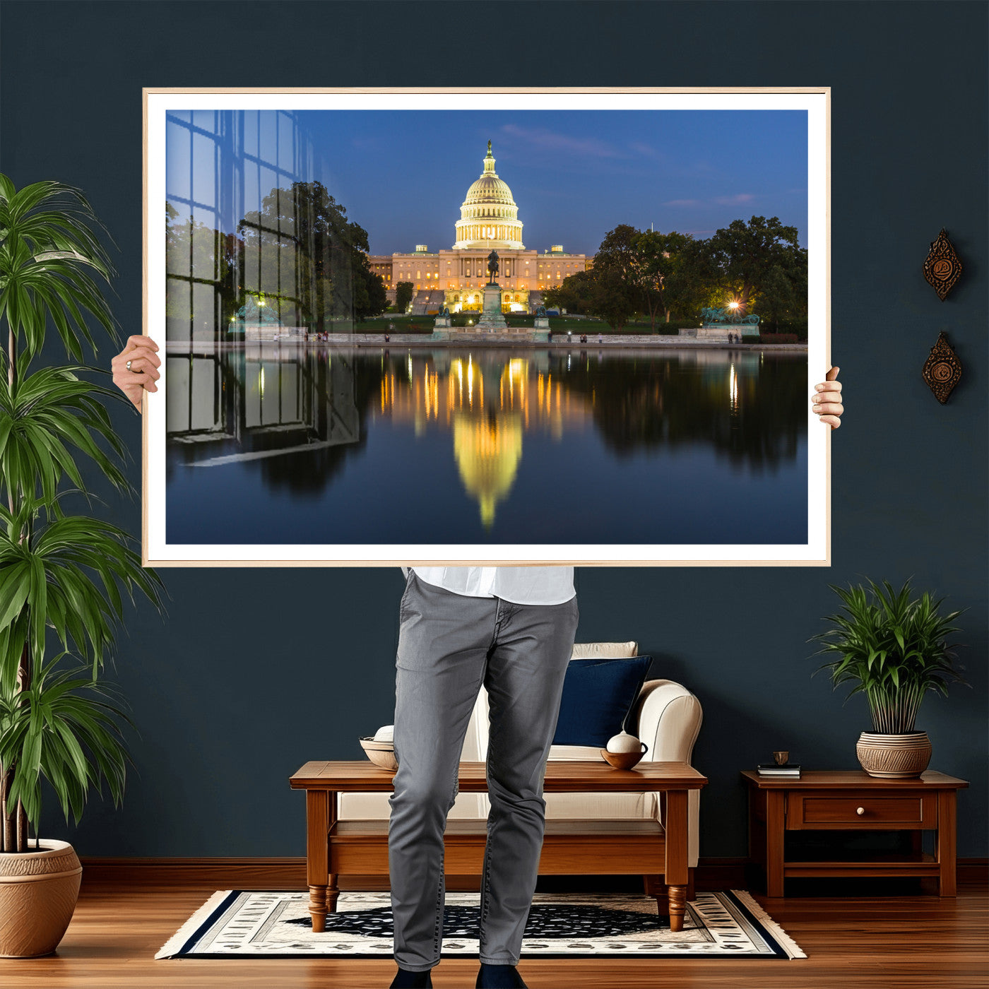 95568590-MGV-CV-36X24 - US Capitol Building Wall Art Canvas Print – Washington DC Landmark Night Reflection Artwork for Office Decor