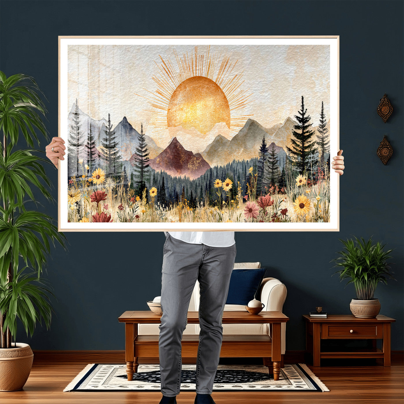 69025244-MGV-CV-36X24 - Boho Mountain Landscape Large Wall Art, Horizontal Gold Framed Canvas Print with Sun and Flowers