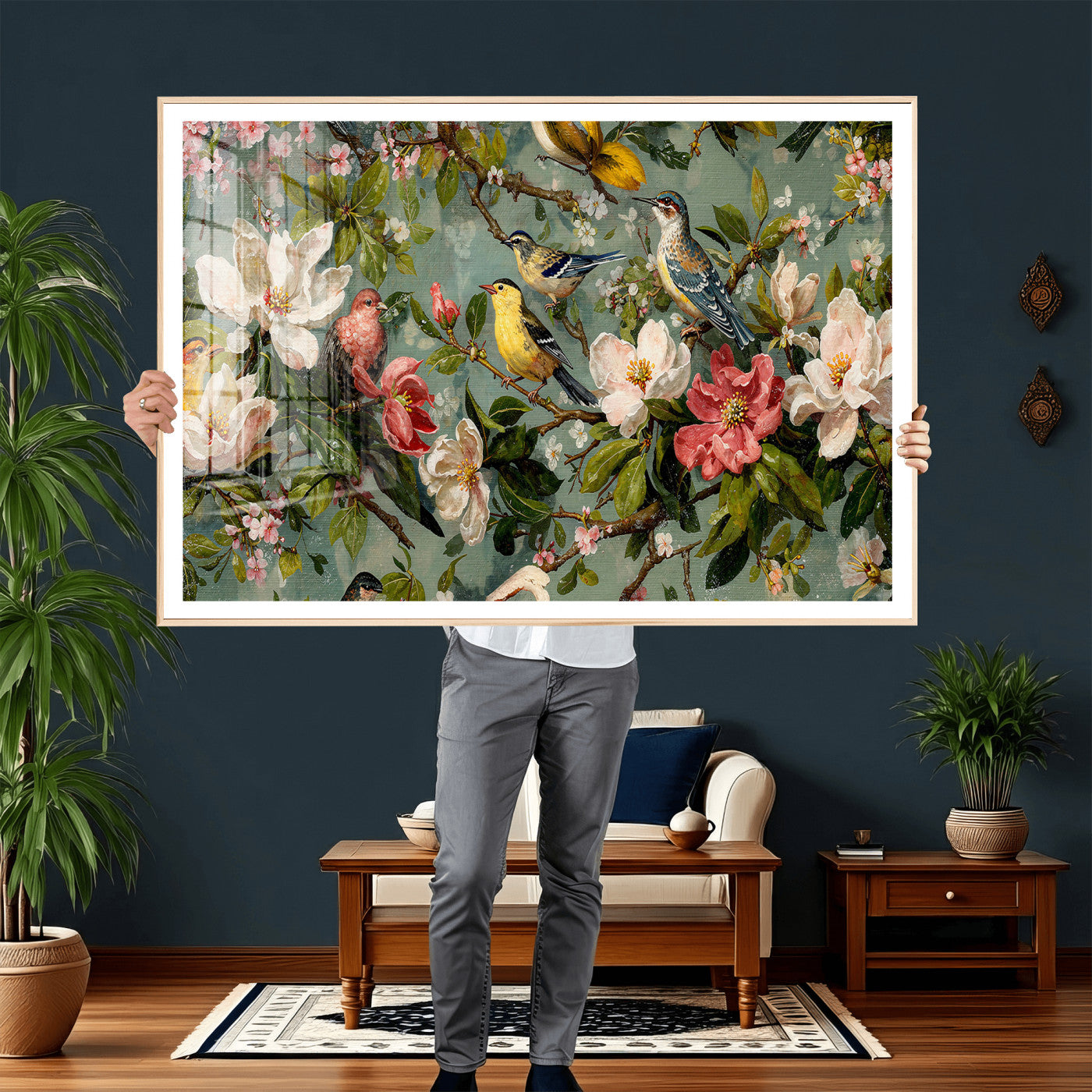 77883606-MGV-CV-36X24 - Vintage Birds and Flowers Wide Wall Art: Extra Large Panoramic Botanical Print