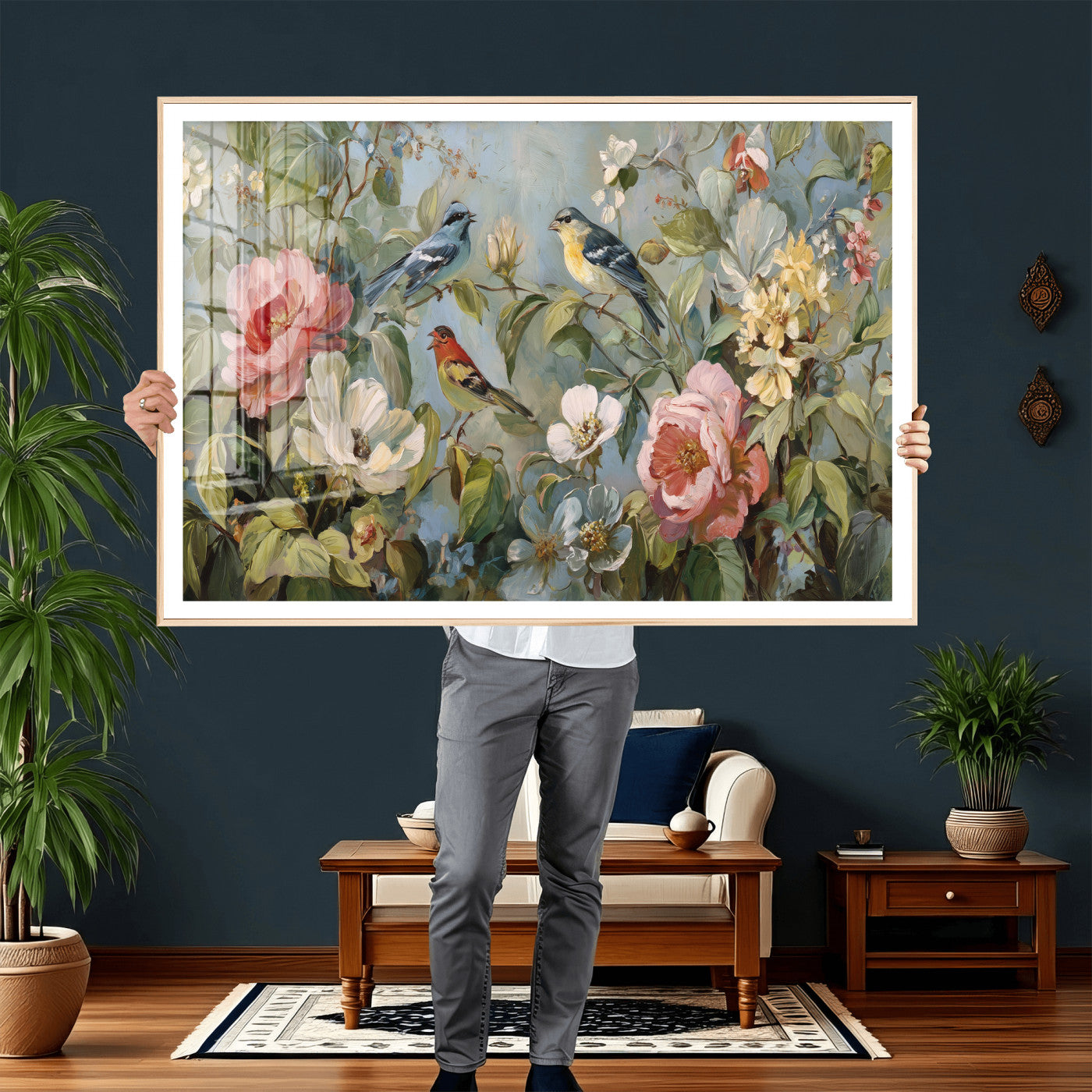 55440837-MGV-CV-36X24 - Vintage Birds and Flowers Wall Art Canvas Print, Botanical Bird Painting Canvas Print, Floral Garden Bird Artwork Canvas Print, Classic Bird Flower Painting Canvas Print