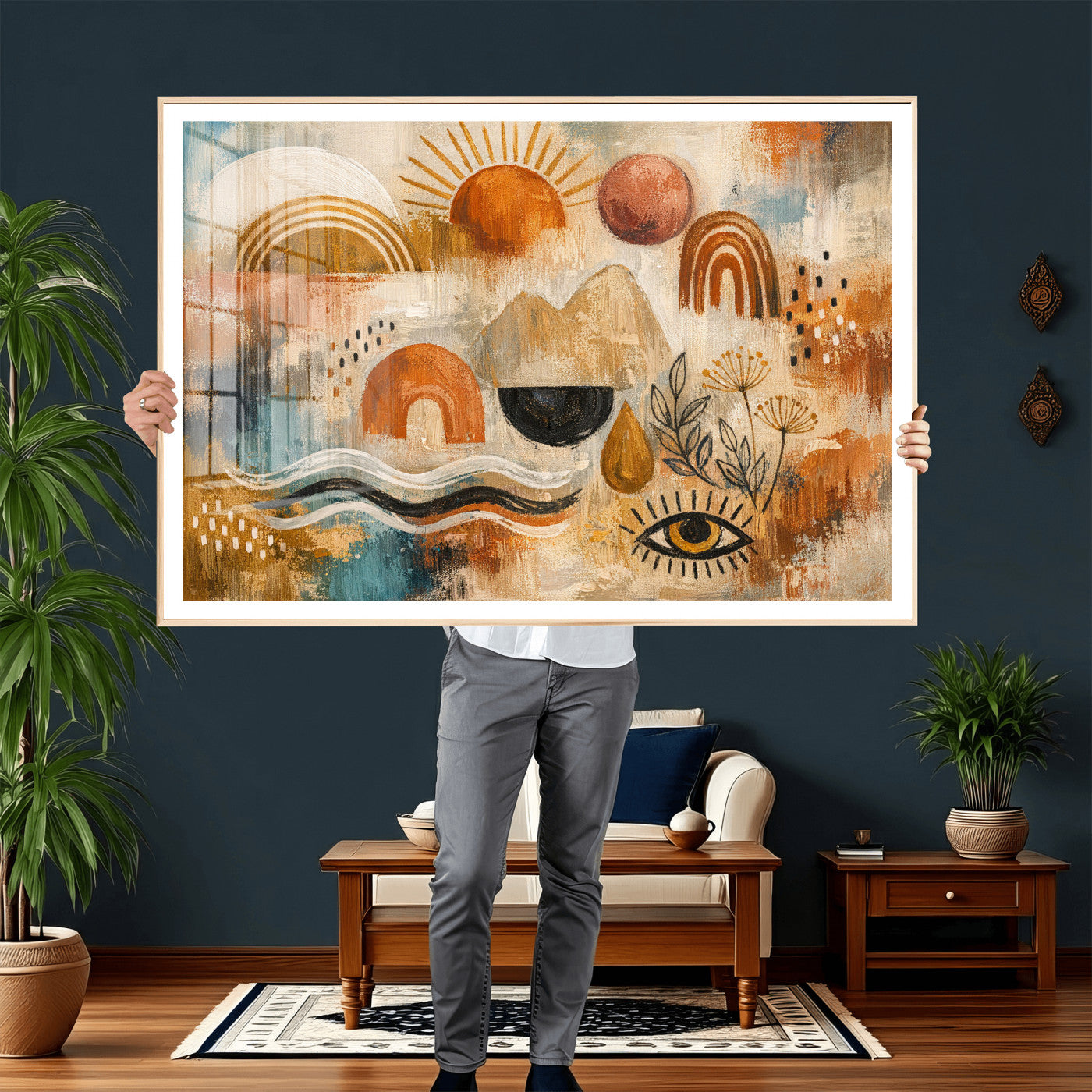 52155239-MGV-CV-36X24 - Geometric Boho Abstract Wall Art Canvas Print, Orange Blue Abstract Expressionist Painting Print, Modern Geometric Abstract Canvas Art