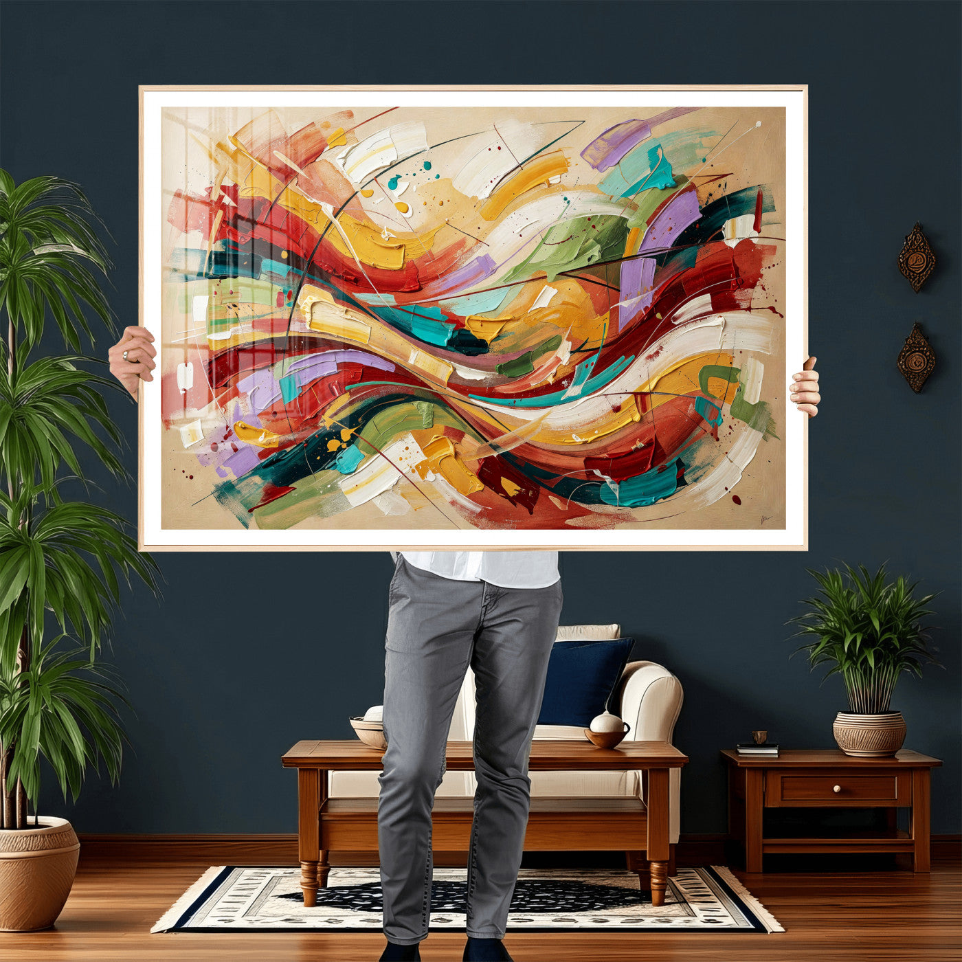 39887645-MGV-CV-36X24 - Geometric Abstract Wall Art Canvas Print, Orange Blue Abstract Expressionist Painting Print, Modern Geometric Abstract Canvas Art