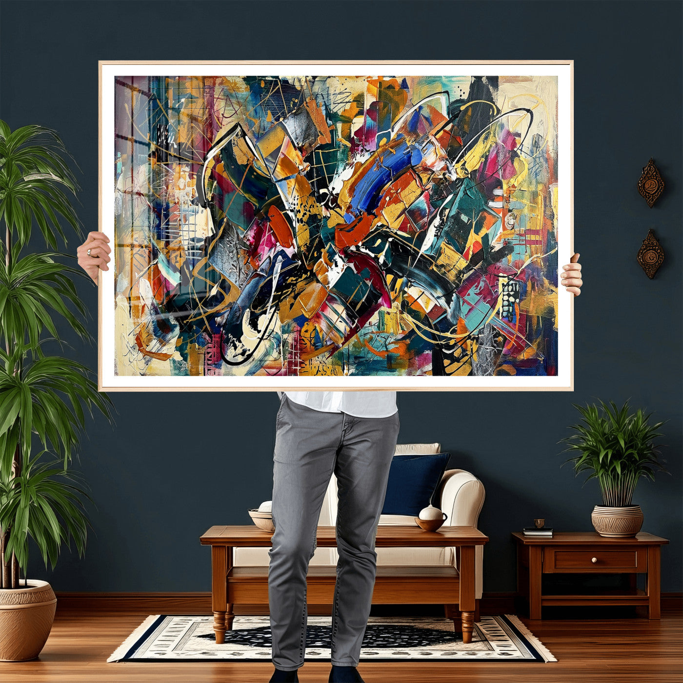 15525527-MGV-CV-36X24 - Geometric Abstract Wall Art Canvas Print, Orange Blue Abstract Expressionist Painting Print, Modern Geometric Abstract Canvas Art