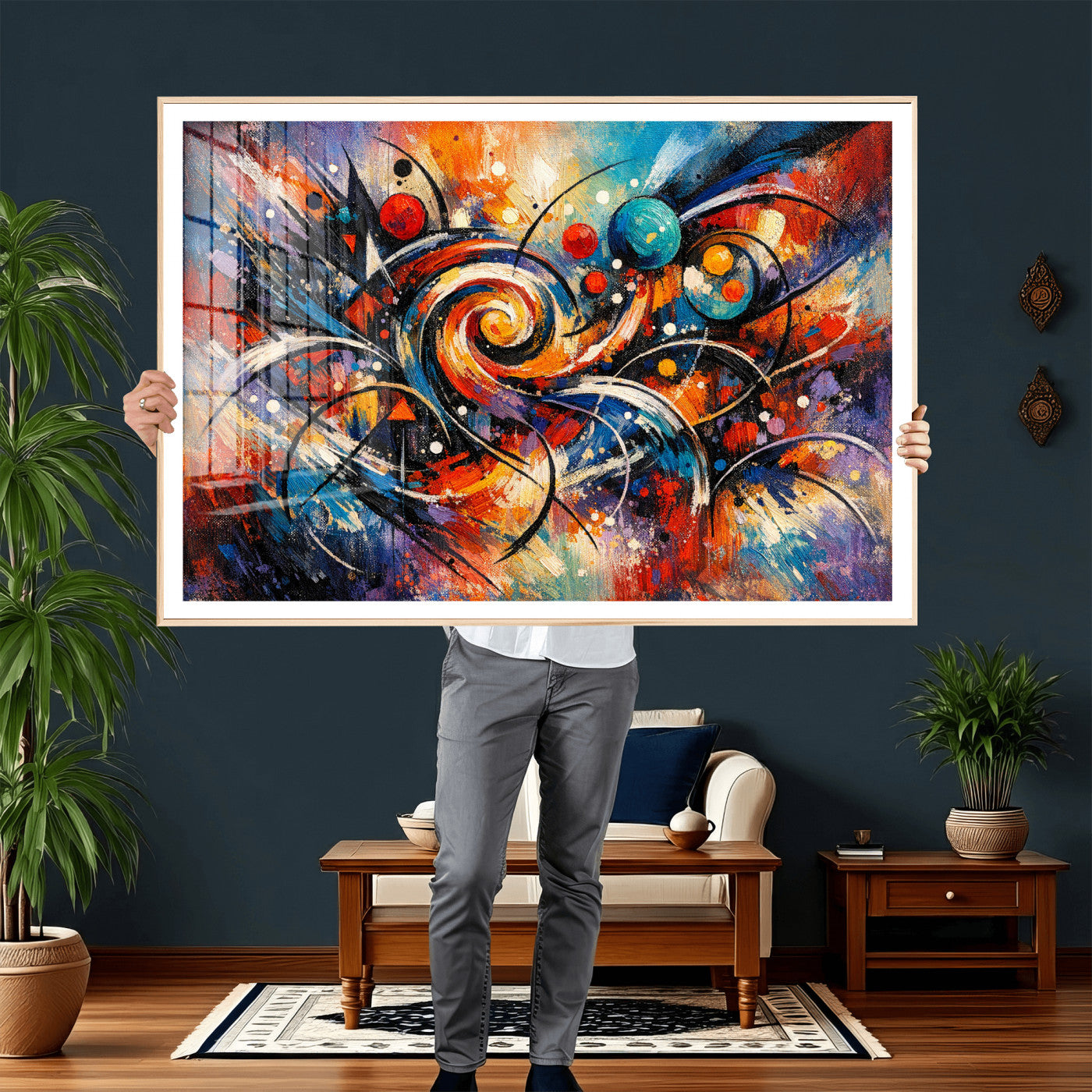 60193267-MGV-CV-36X24 - Geometric Abstract Wall Art Canvas Print, Orange Blue Abstract Expressionist Painting Print, Modern Geometric Abstract Canvas Art