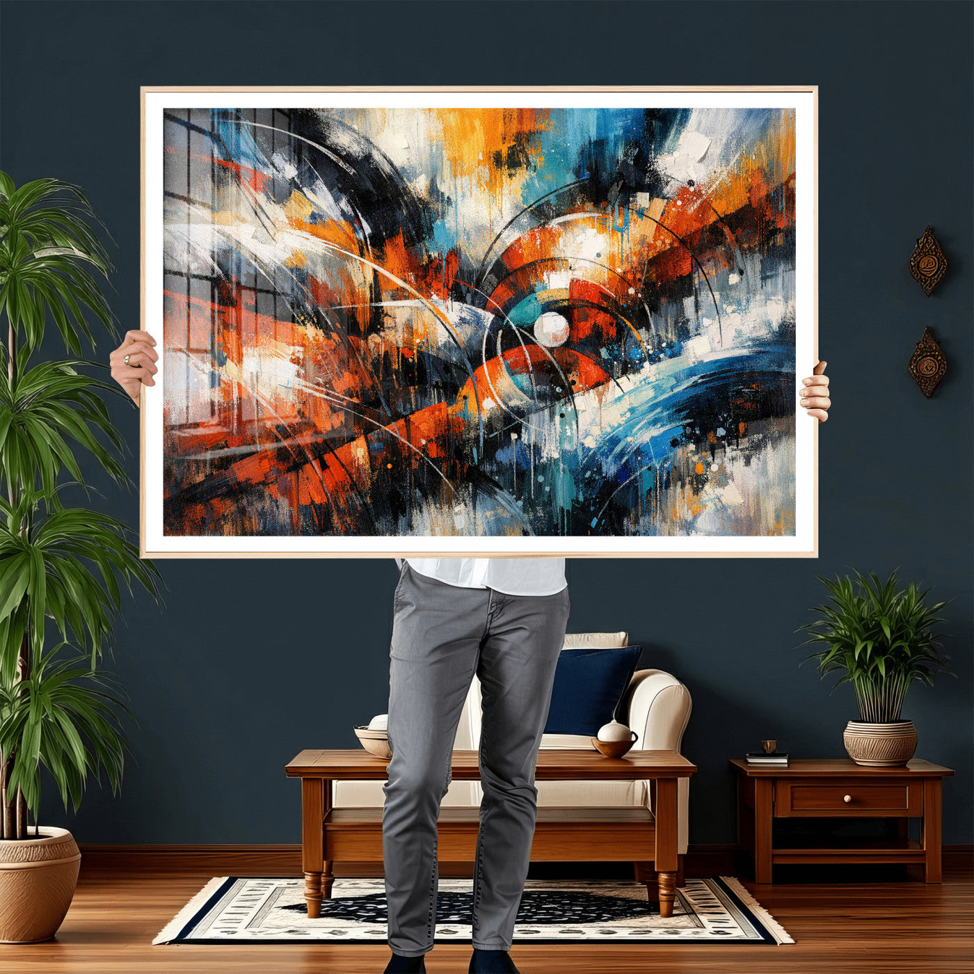 47120691-MGV-CV-36X24 - Geometric Abstract Wall Art Canvas Print, Orange Blue Abstract Expressionist Painting Print, Modern Geometric Abstract Canvas Art