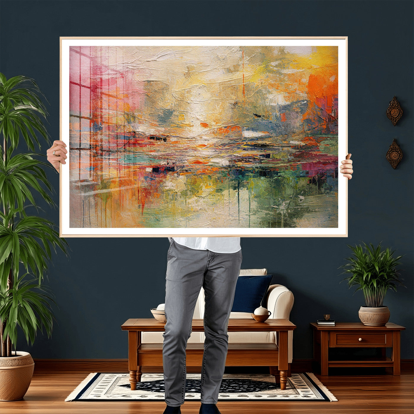 4712069P1-MGV-CV-36X24 - Colorful Abstract Canvas Wall Art — Large Textured Oil Painting Style Print | Orange Red Boho Wall Decor | Modern Living Room Art | Bold Wall Art