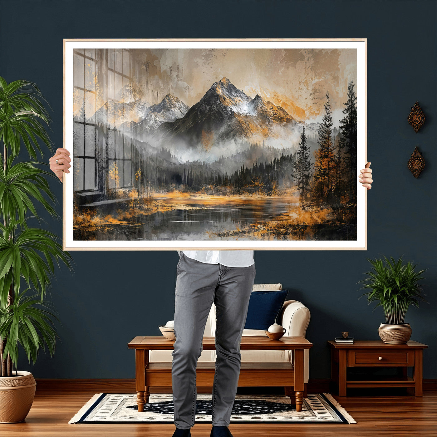 4712069D1-MGV-CV-36X24 - Mountain Lake Canvas Wall Art — Rustic Forest Landscape Print | Gold Grey Nature Decor | Cabin Wall Art | Large Wilderness Art Print Gift