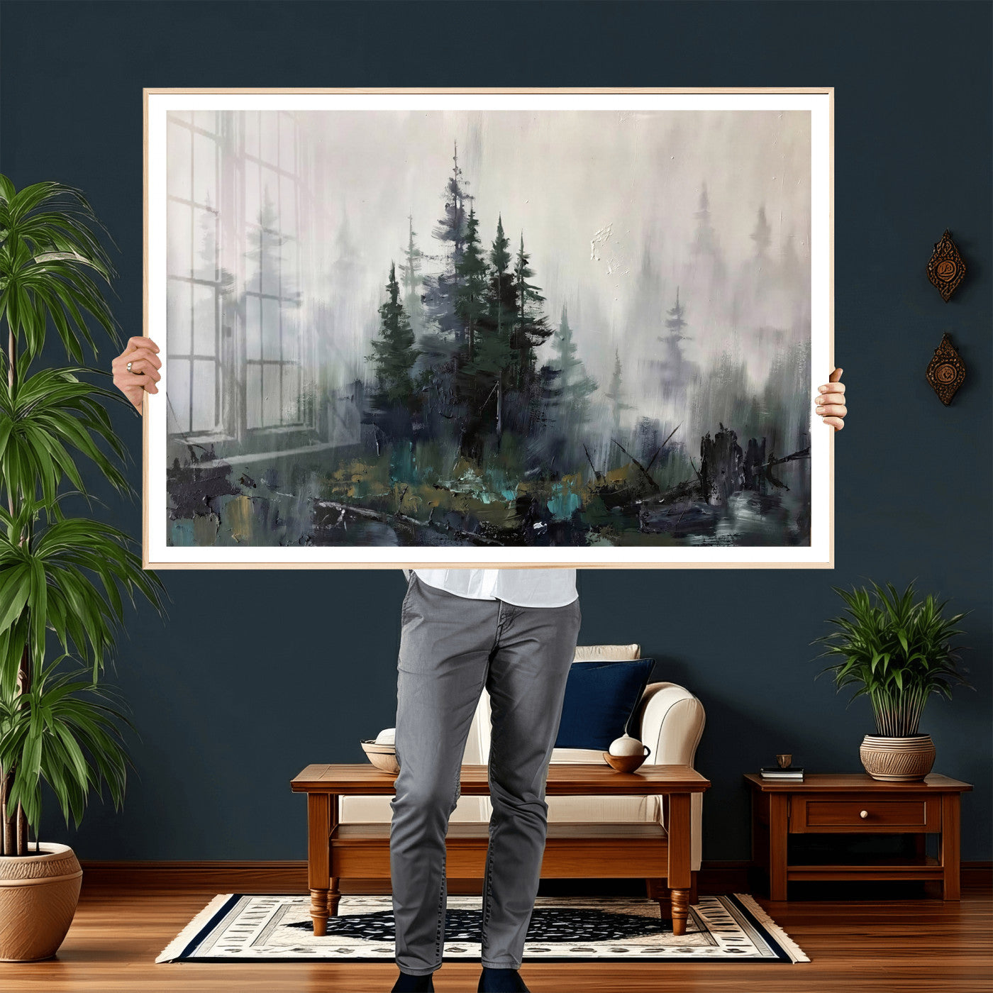 94143325-MGV-CV-36X24 - Misty Pine Forest Oil Painting Canvas — Dark Moody Teal Grey Tree Print | Japandi Scandinavian Wall Art | Minimalist Nature Decor Gift