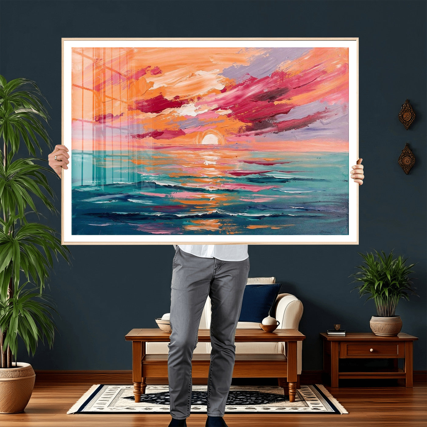26763902-MGV-CV-36X24 - Bold Palette Knife Ocean Sunset Canvas — Orange Pink Teal Expressionist Sea Print | Colorful Coastal Wall Art | Vibrant Beach Decor Gift