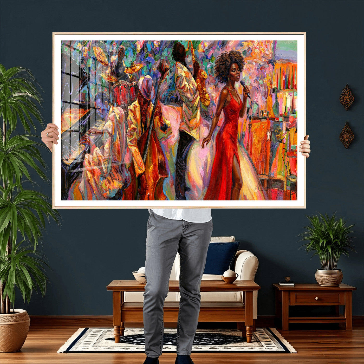 72615137-MGV-CV-36X24 - African American Jazz Singer Canvas Art - Red Dress Black Woman Music Print | Colorful Jazz Band Wall Decor | Living Room Gift for Her