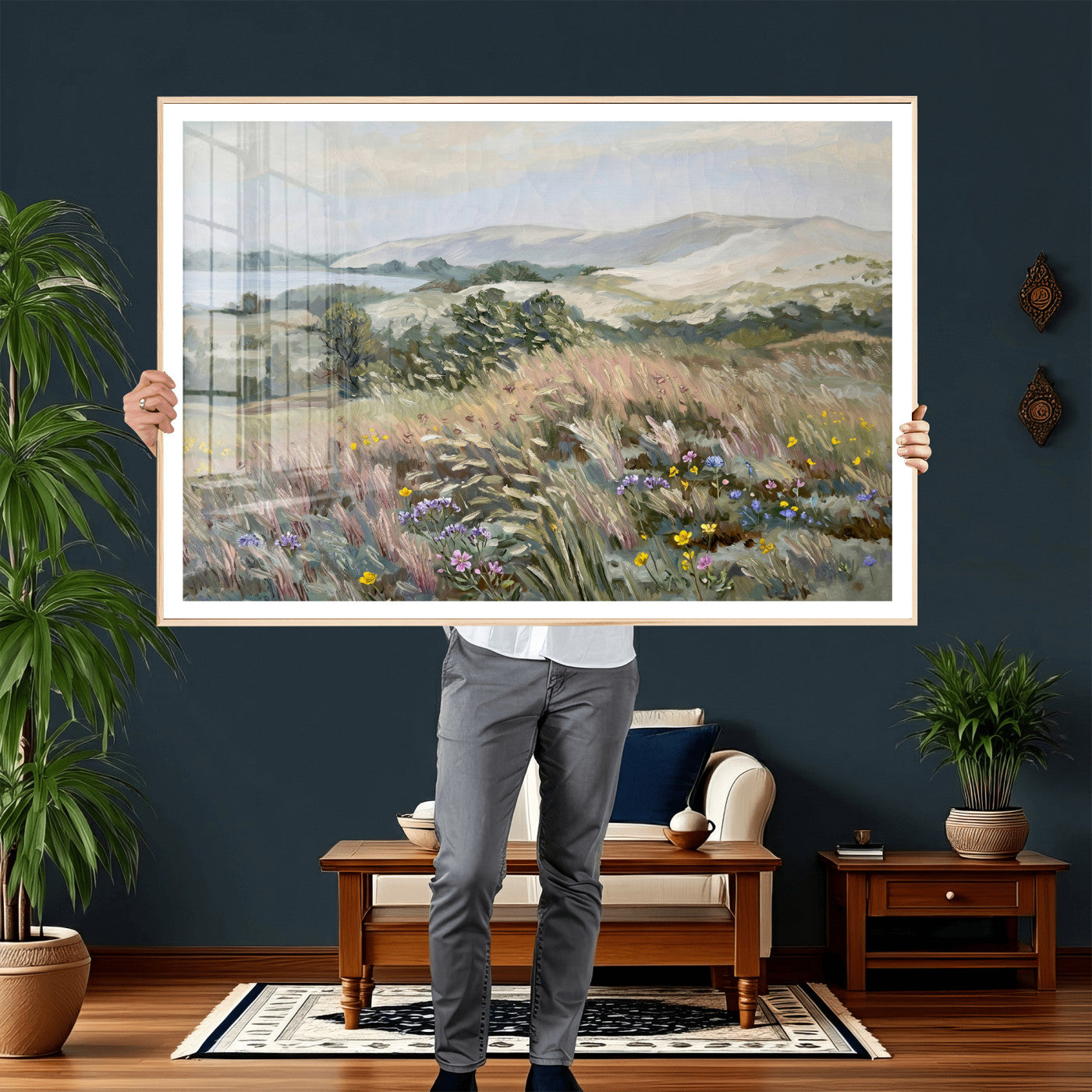18013232-MGV-CV-36X24 - Katie Staples Hillside Canvas Wall Art — Coastal Wildflower Dune Oil Painting Print | Muted Green Nature Decor | Plein Air Landscape Gift
