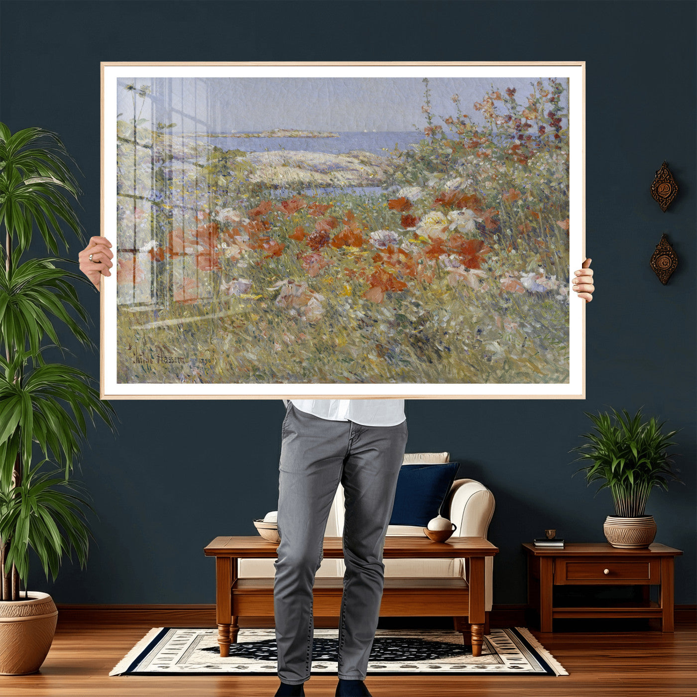 54770907-MGV-CV-36X24 - Childe Hassam Celia Thaxter Garden Canvas — 1890 American Impressionist Poppy Floral Print | Isles of Shoals Coastal Art | Classic Gift