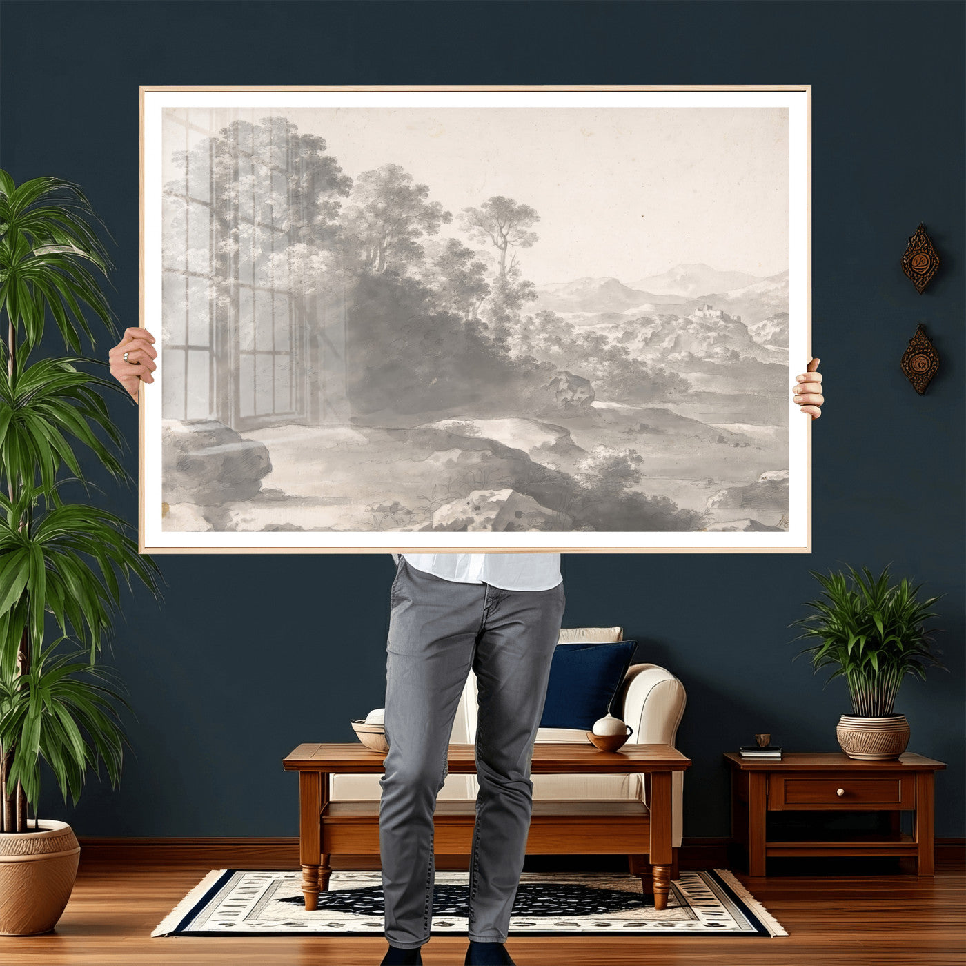 33041209-MGV-CV-36X24 - Van Poelenburch Landscape Canvas Wall Art — Dutch Golden Age Gray Wash Drawing Print | Baroque Italianate Nature Decor | Old Master Classic Gift
