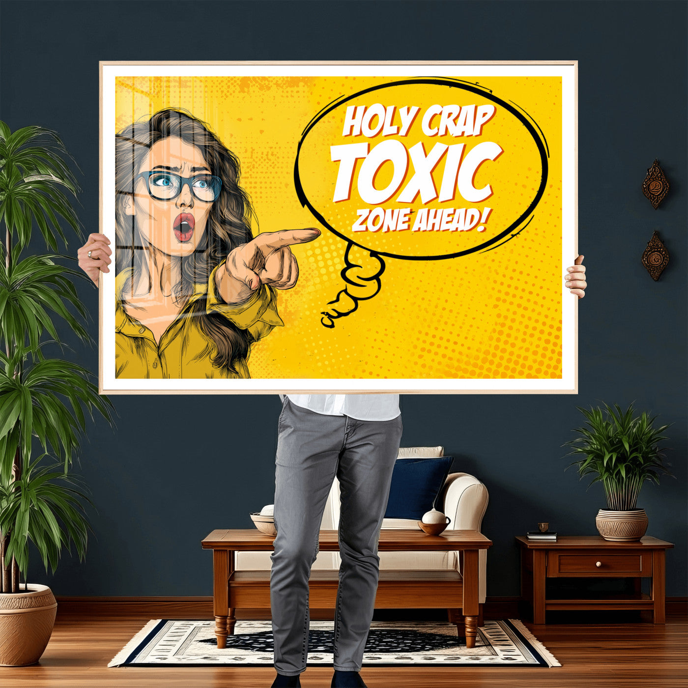 79751885-MGV-CV-36X24 - Pop Art Print Bathroom Sign Wall Art Canvas Print — Funny Bathroom Canvas | Comic Style Toilet Wall Decor | Humor Gift | Yellow Bold Bathroom Art