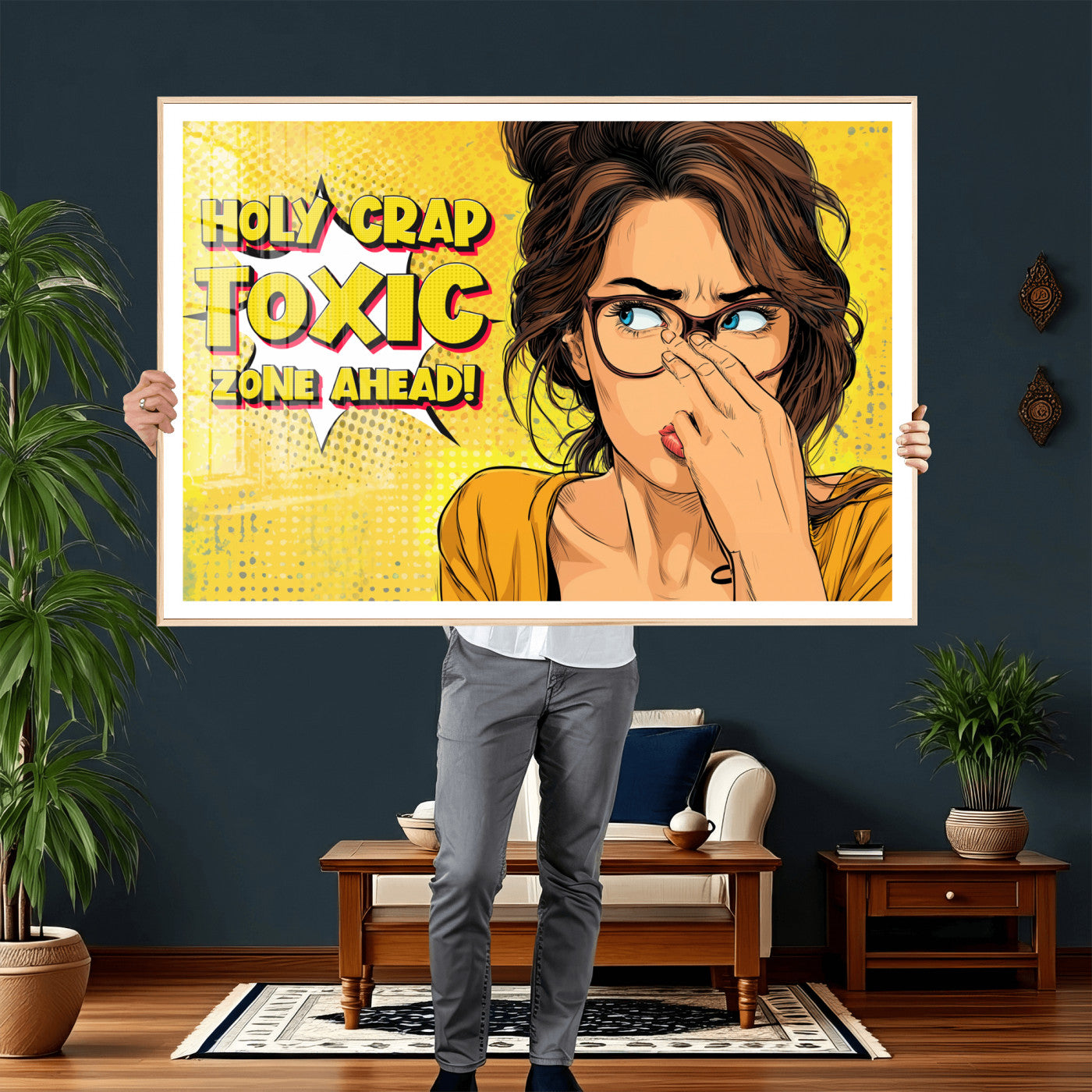 96263876-MGV-CV-36X24 - Pop Art Print Bathroom Sign Wall Art Canvas Print — Funny Bathroom Canvas | Comic Style Toilet Wall Decor | Humor Gift | Yellow Bold Bathroom Art