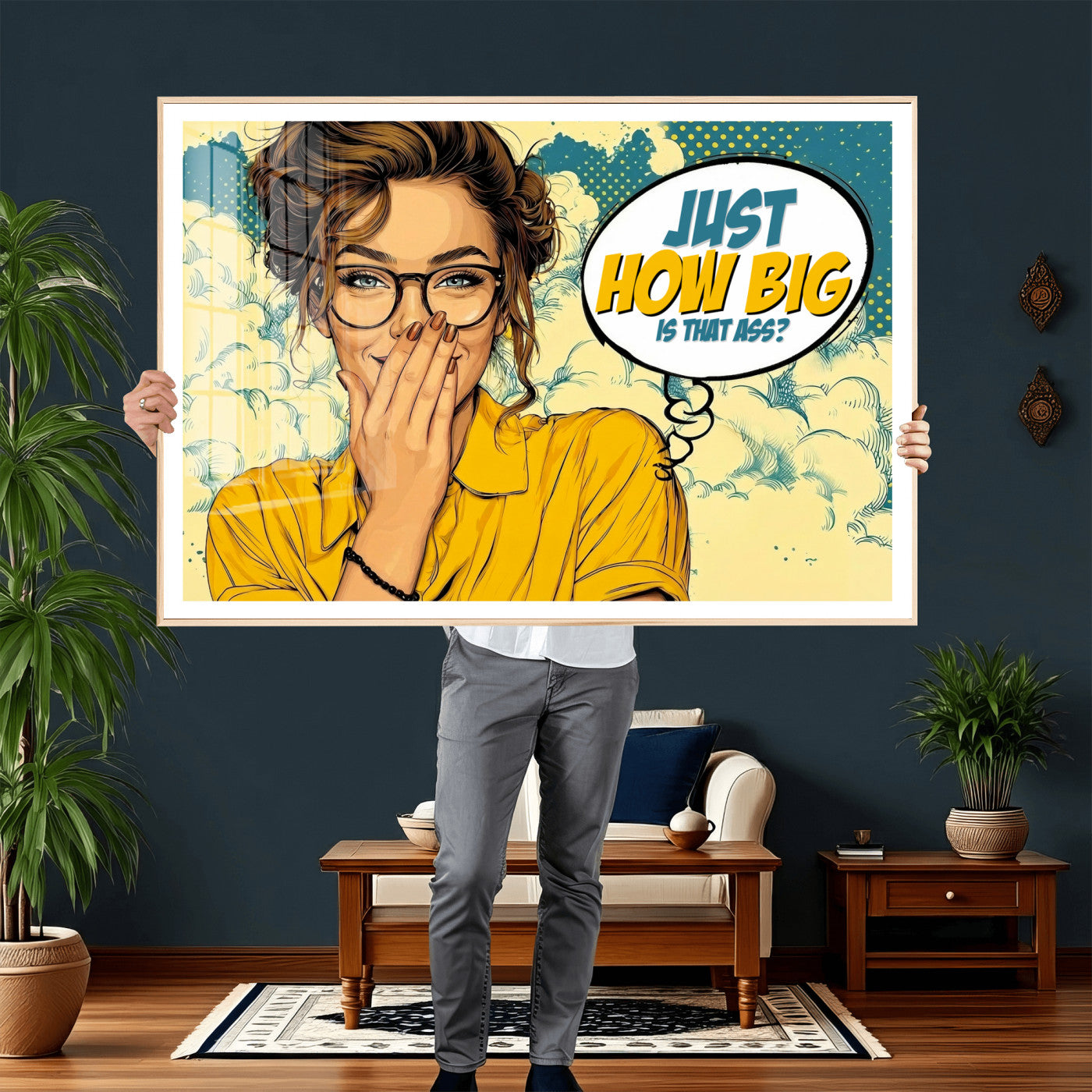 T79156505-MGV-CV-36X24 - Pop Art Print Bathroom Sign Wall Art Canvas Print — Funny Bathroom Canvas | Comic Style Toilet Wall Decor | Humor Gift | How Big Ass