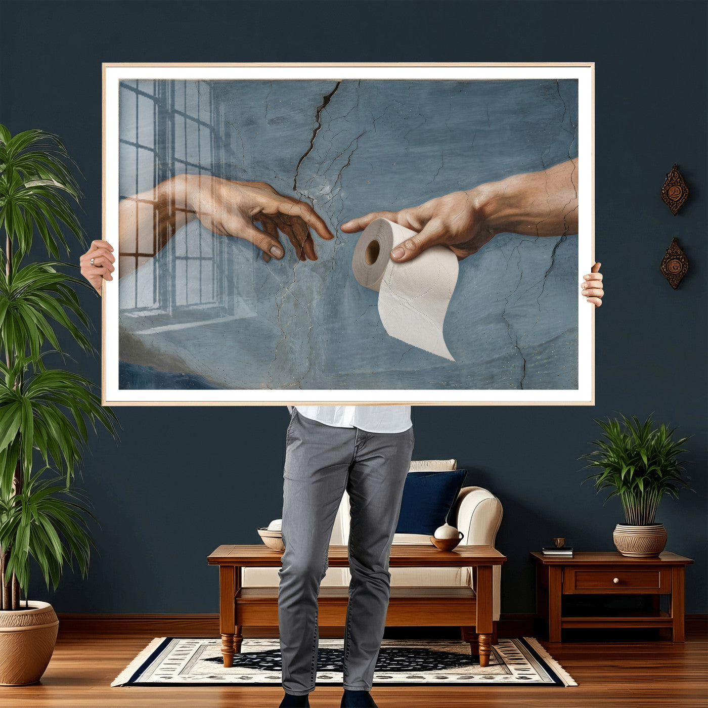 42648143-MGV-CV-36X24 - Funny Bathroom Canvas Wall Art, Michelangelo Creation of Adam Toilet Paper Parody, Renaissance Humor Print, Quirky Housewarming Gift, Toilet Room Decor