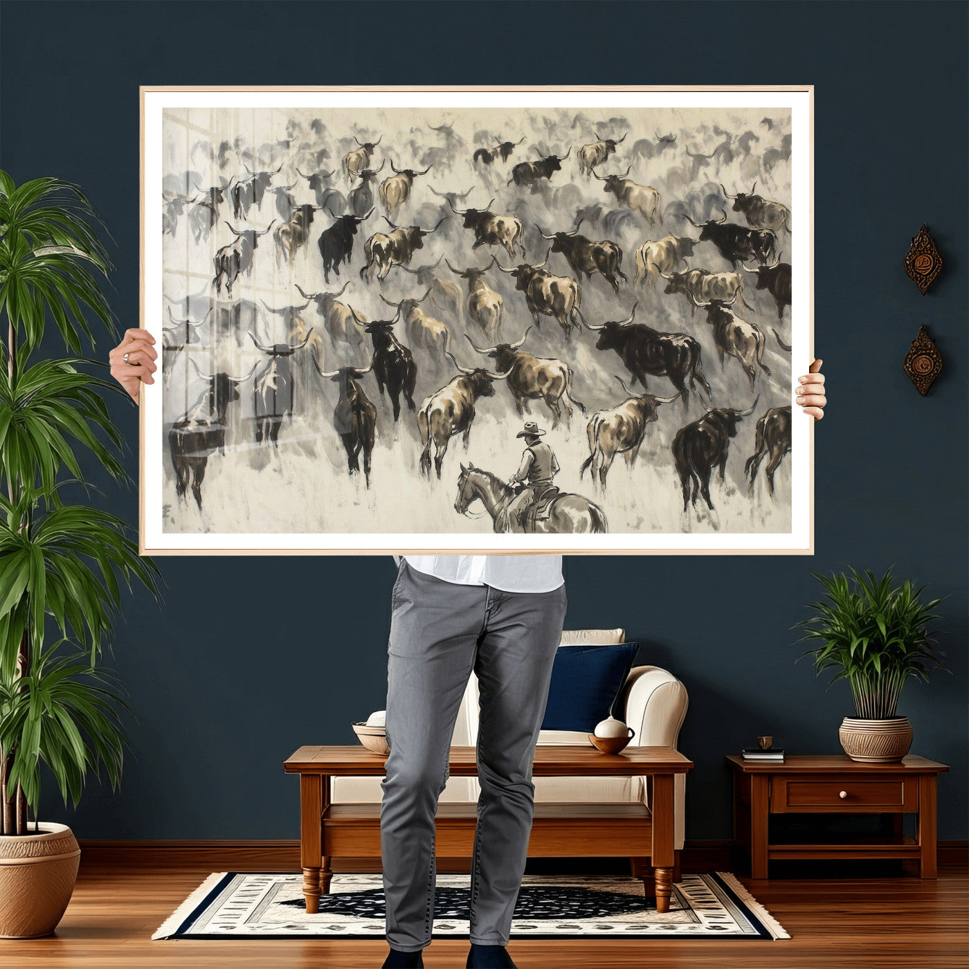 48049876-MGV-CV-36X24 - Cowboy Cattle Drive Canvas Wall Art, Western Longhorn Herd Ink Painting Print, Ranch Rodeo Decor, Black White Western Art, Large Living Room Art