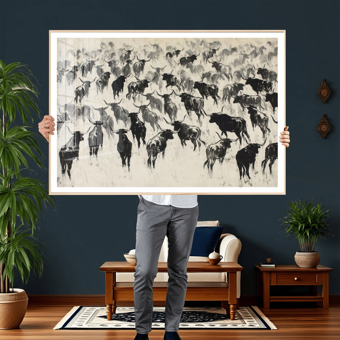 68669792-MGV-CV-36X24 - Longhorn Cattle Canvas Wall Art, Black White Stampede Ink Painting Print, Western Farmhouse Decor, Bull Herd Art, Large Living Room Wall Art, Ranch Home Decor
