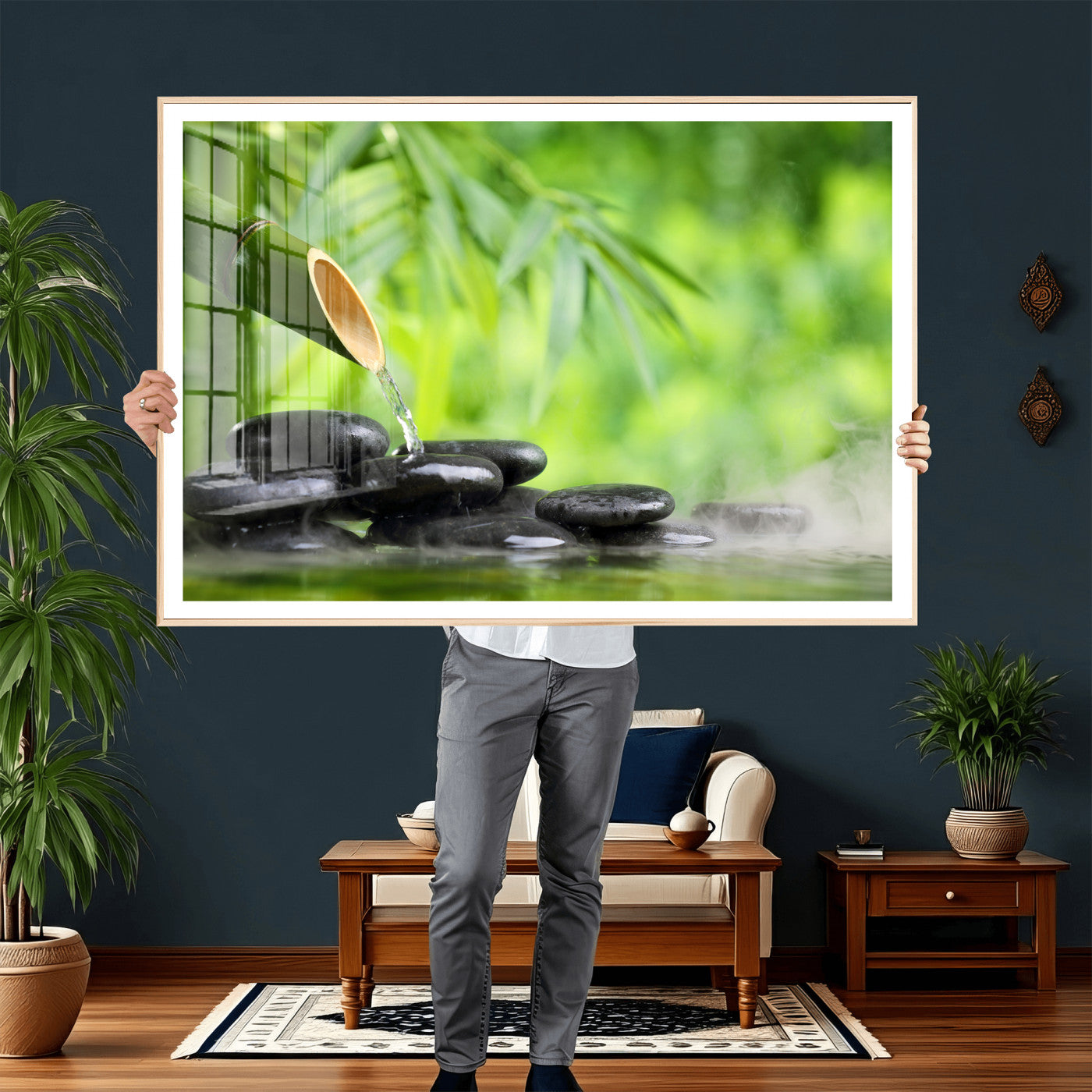 26961320-MGV-CV-36X24 - Bamboo Water Flow Black Stone Canvas | Zen Spa Nature Photography Print | Green Mist Japanese Garden Wall Art | Tranquil Decor