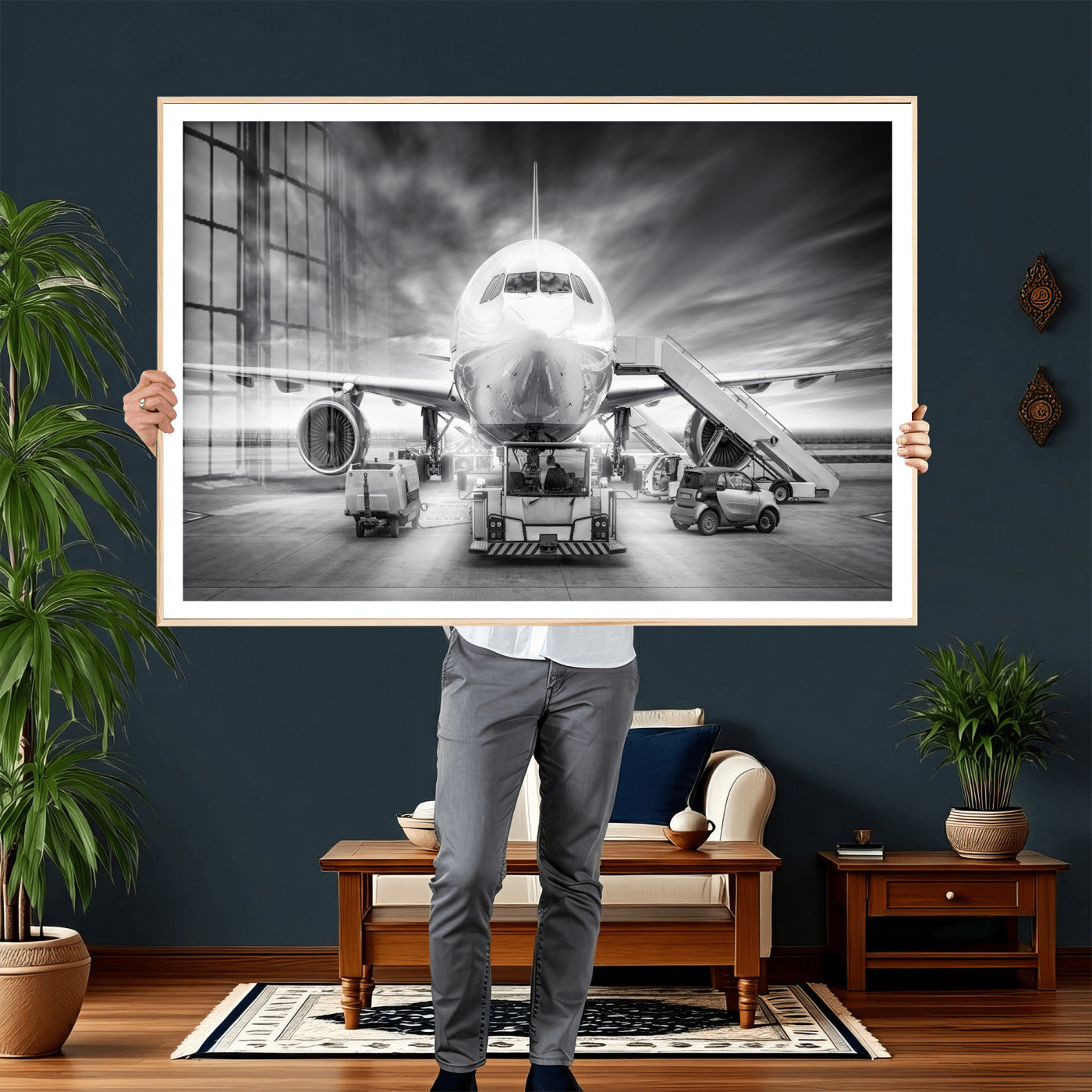 85885848-MGV-CV-36X24 - Airplane Wall Art Canvas Print, Black and White Jet Aircraft Airport Runway Framed Aviation Artwork for Pilot Office Hangar Travel Decor