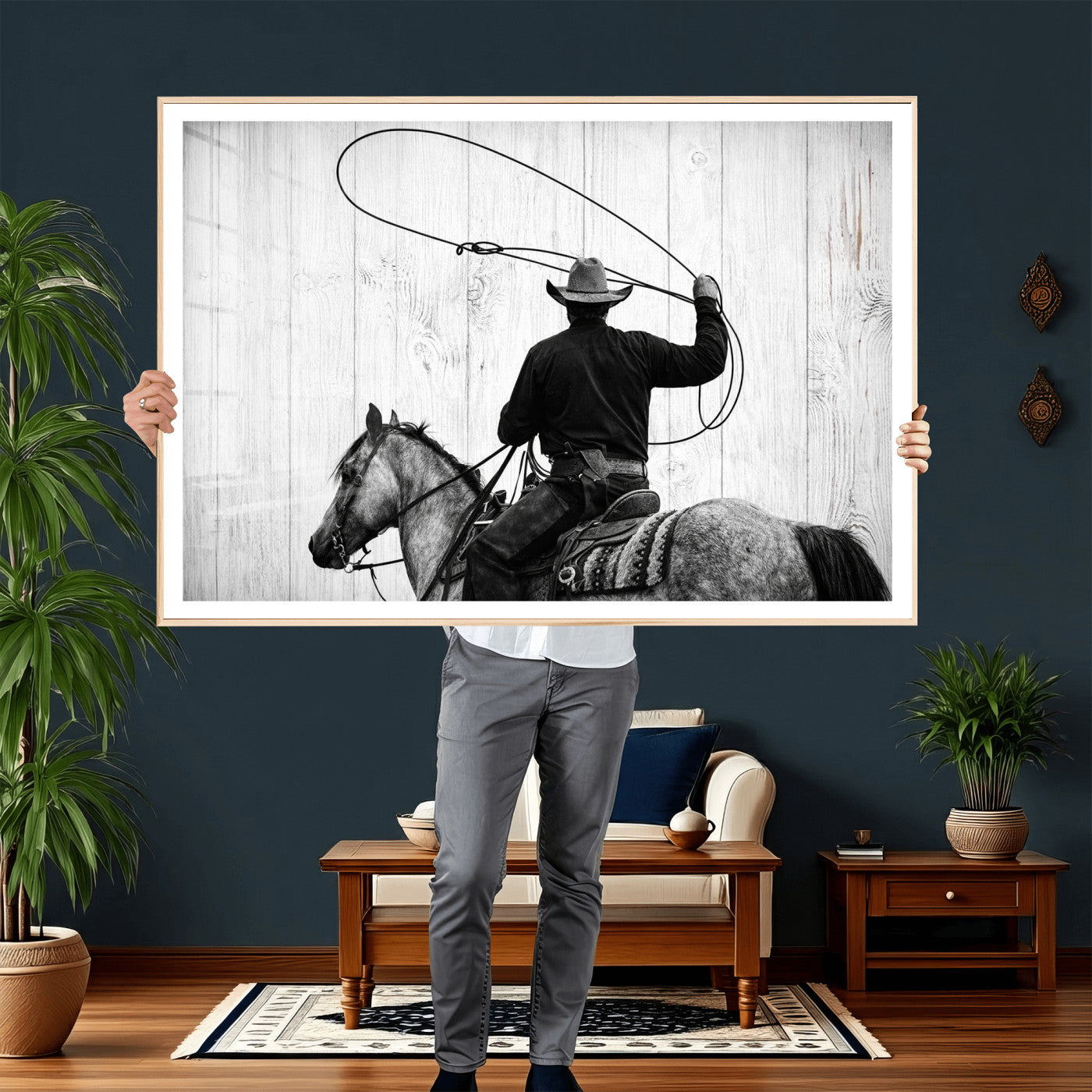 22569358-MGV-CV-36X24 - Cowboy Lasso Canvas Wall Art, Black White Western Horse Photo Print, Rustic Ranch Rodeo Decor, Farmhouse Western Art, Cowboy Gift for Him