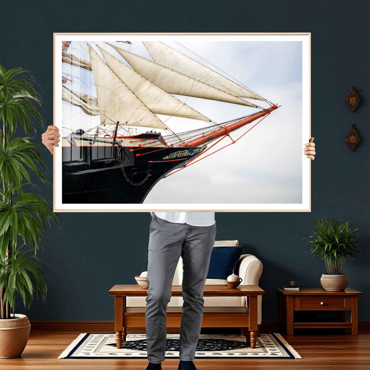 64830036-MGV-CV-36X24 - Sailboat Wall Art Canvas Print, Vintage Ship Bow Framed Artwork, Nautical Sailing Decor for Living Room Office Beach House