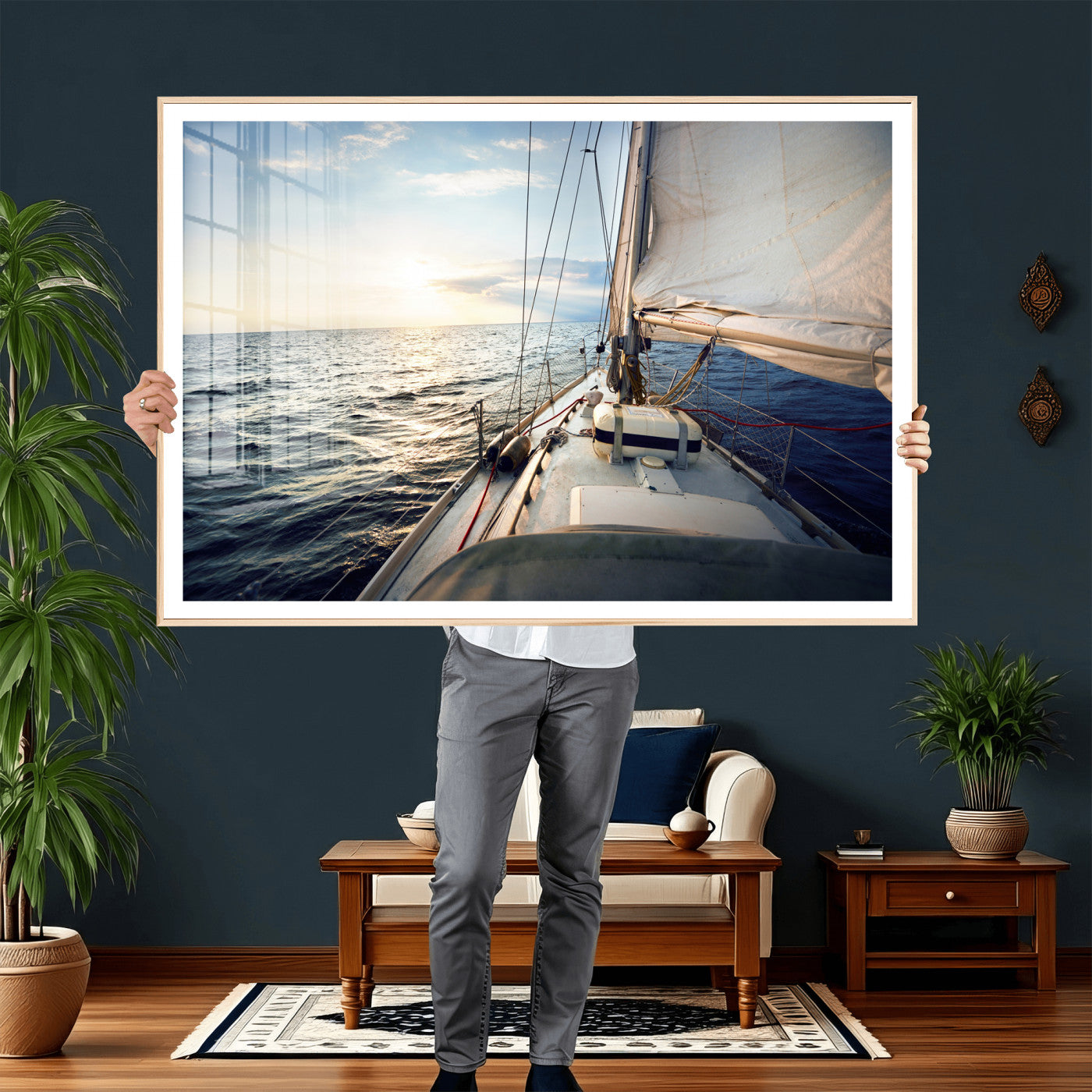76381335-MGV-CV-36X24 - Sailboat Wall Art Canvas Print, Ocean Sunset Sailing Framed Artwork, Coastal Nautical Seascape Decor for Living Room Office Beach House
