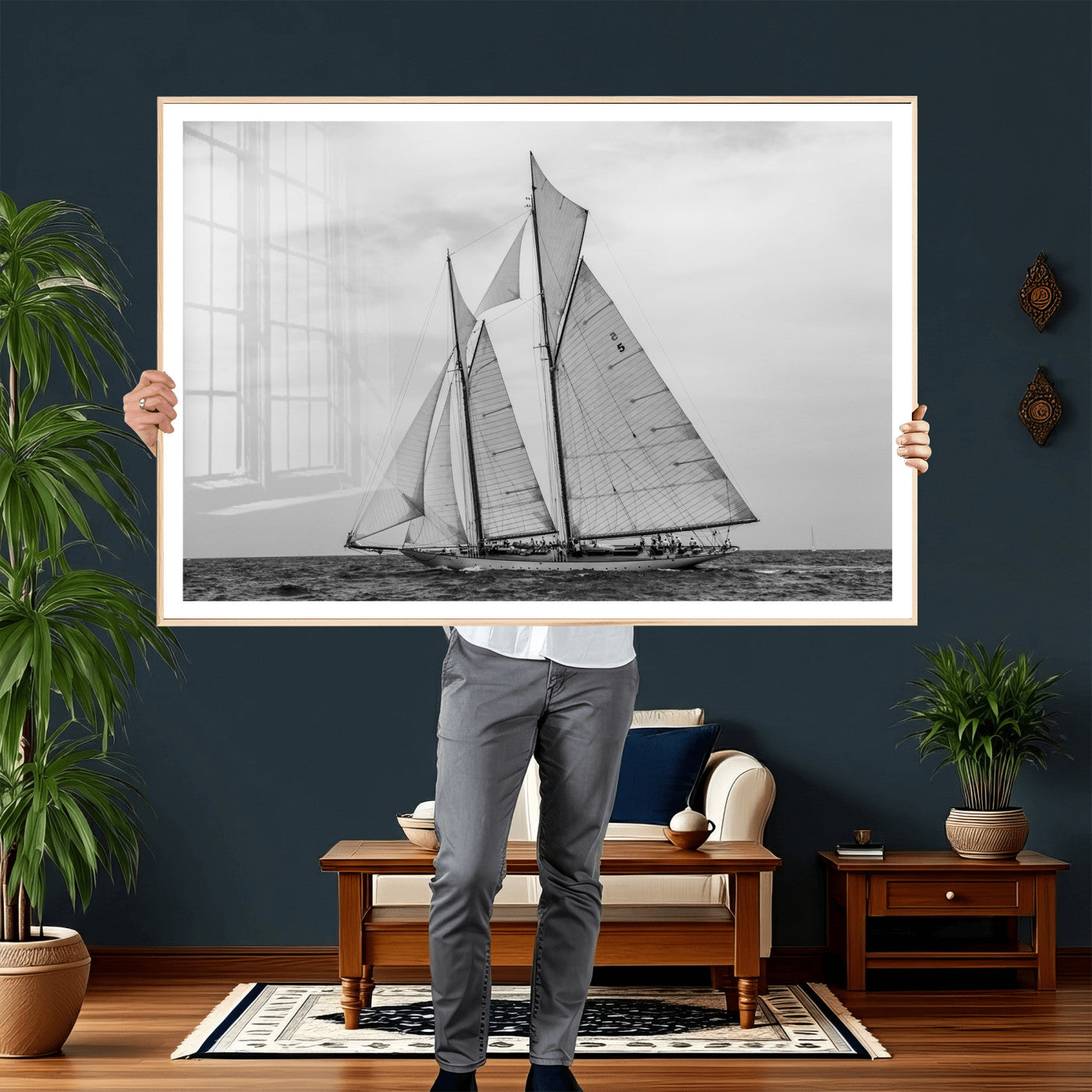 52882918-MGV-CV-36X24 - Vintage Sailboat Wall Art Canvas Print, Black and White Schooner Framed Artwork, Nautical Ocean Sailing Decor for Living Room Office Beach House