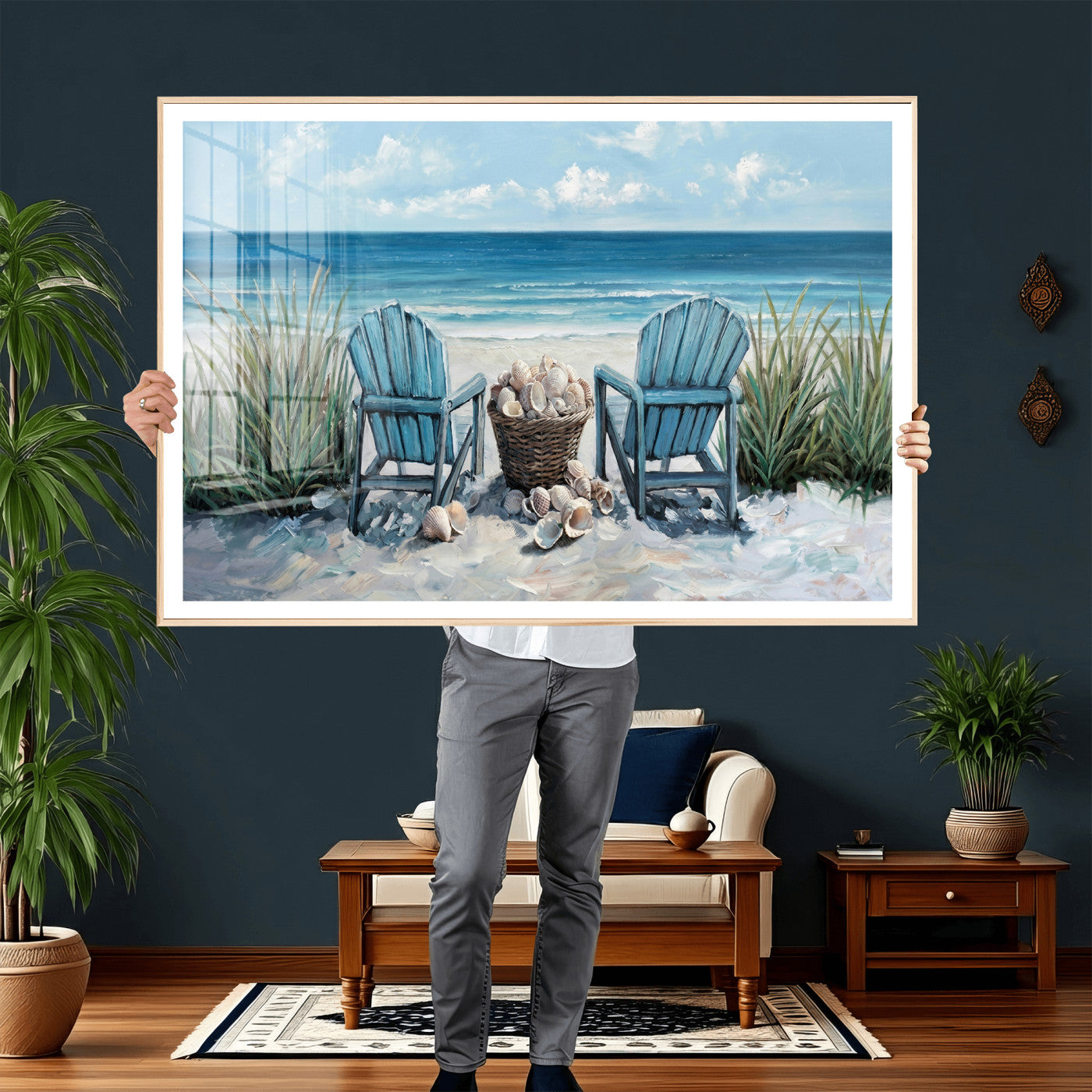 11973028-MGV-CV-36X24 - Beach Canvas Wall Art Coastal Adirondack Chairs Ocean Seashells Blue Nautical Framed Large for Living Room Bedroom Bathroom Decor