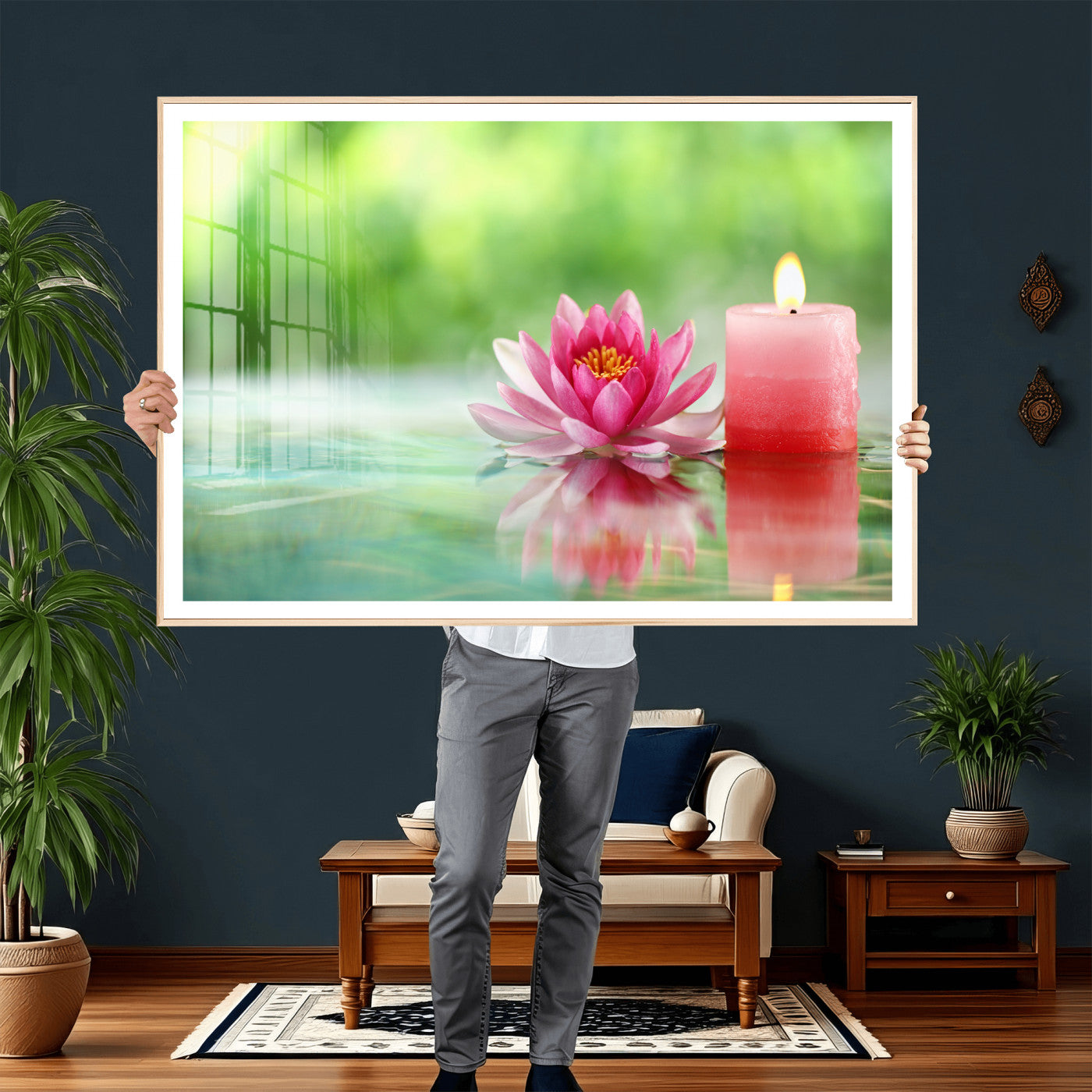 17661715-MGV-CV-36X24 - Zen Lotus Candle Canvas Wall Art Pink Spa Meditation Relaxation Green Bokeh Framed Large for Bathroom Bedroom Living Room Office Decor