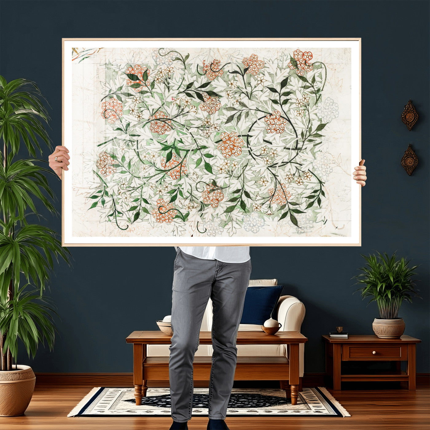 17622011W-MGV-CV-36X24 - William Morris Jasmine Flower Wall Art Canvas Print, Botanical Floral Canvas Print, Vintage Cottagecore Wall Decor, Framed Nature Artwork Ready to Hang