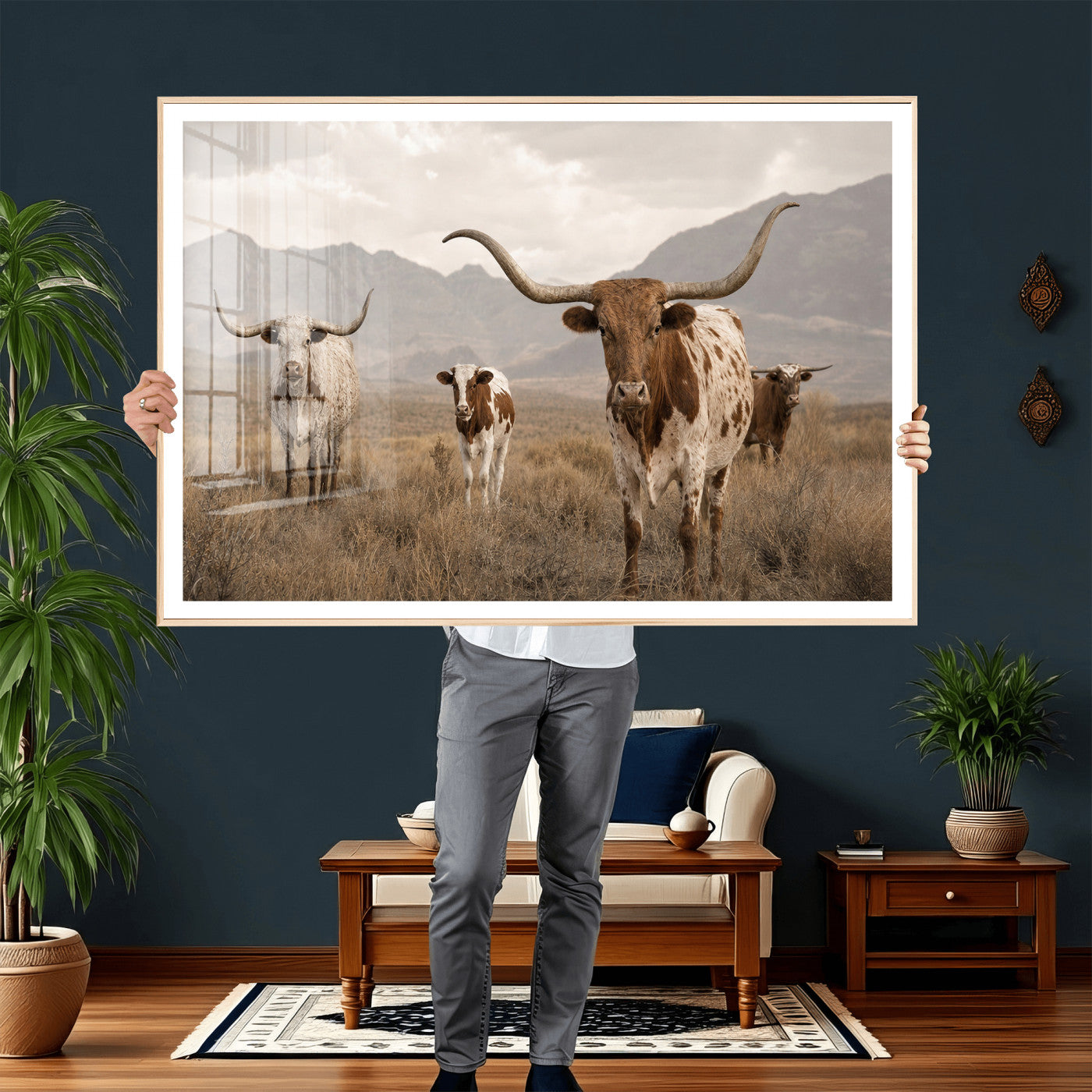 62336425AD-MGV-CV-36X24 - Rustic Texas Longhorn Cow Canvas Wall Art Print, Rustic Farm Animal Photography Print, Farmhouse Country Decor, Western Ranch Art
