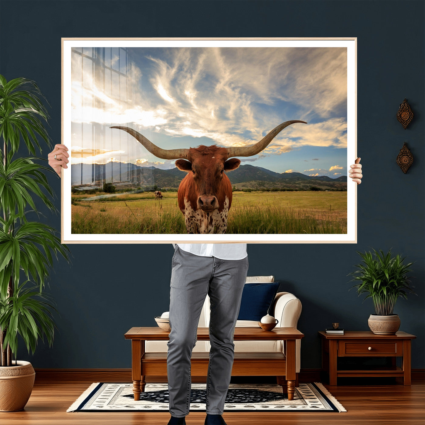 55416-MGV-CV-36X24 - Texas Longhorn Canvas Wall Art – Majestic Triptych Animal Print – Rustic Western Decor for Living Room