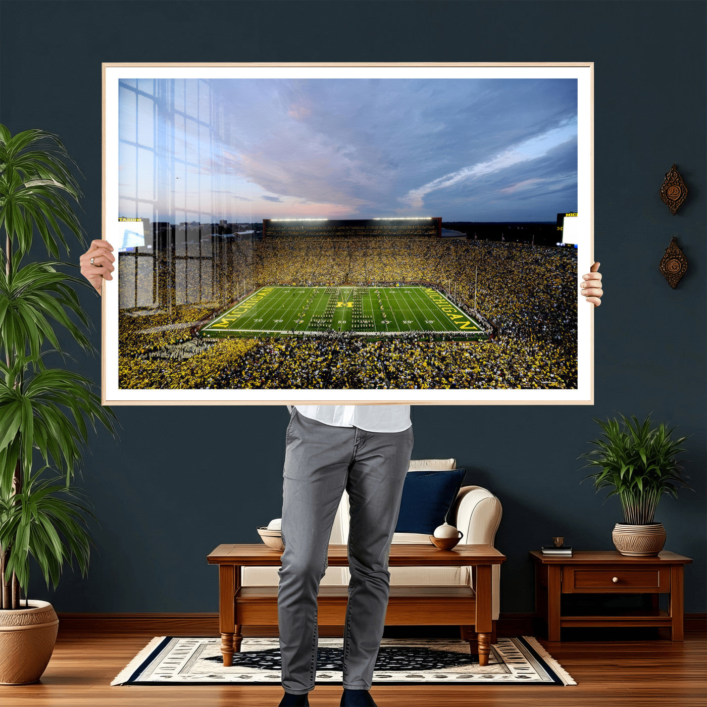 82641-MGV-CV-36X24 - Michigan Stadium Wall Art Canvas Print, Vibrant Game Day Crowd and Sunset Sky Football Field Artwork for Home, Office