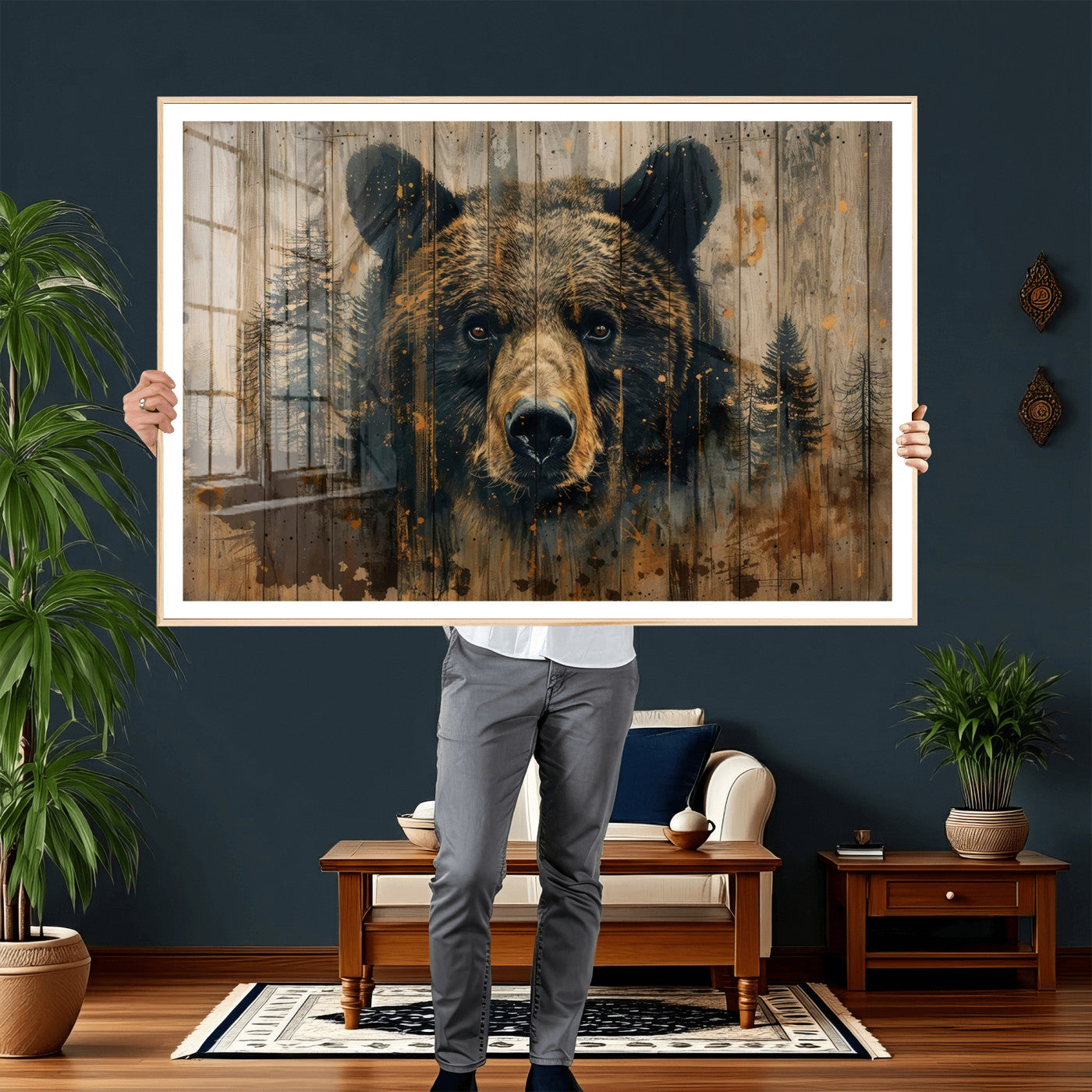 51373-MGV-CV-36X24 - Abstract 399 Bear Wall Art | Rustic Cabin Wall Decor with Forest Design for Farmhouse Wall Decor