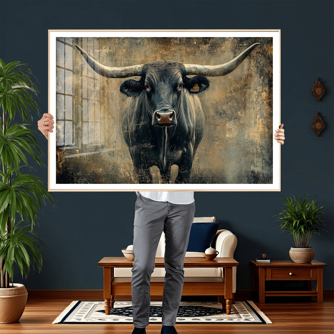 57385-MGV-CV-36X24 - Longhorn Bull Wall Art Canvas Print, Framed Rustic Cow Art Picture Print, Texas Longhorn Perfect Western Decor Artwork