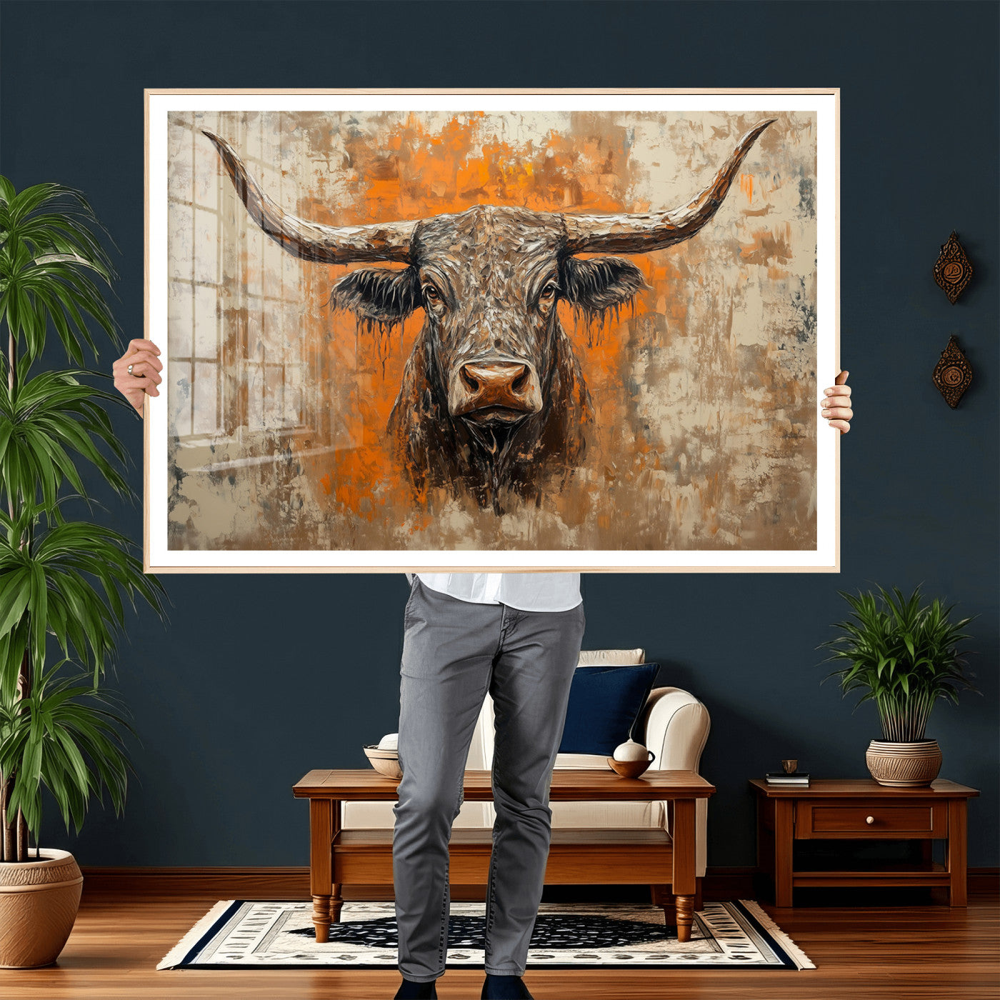 49976-MGV-CV-36X24 - Abstract Cow Longhorn Bull Wall Art Canvas Print - Rustic Texas Western Cattle Artwork